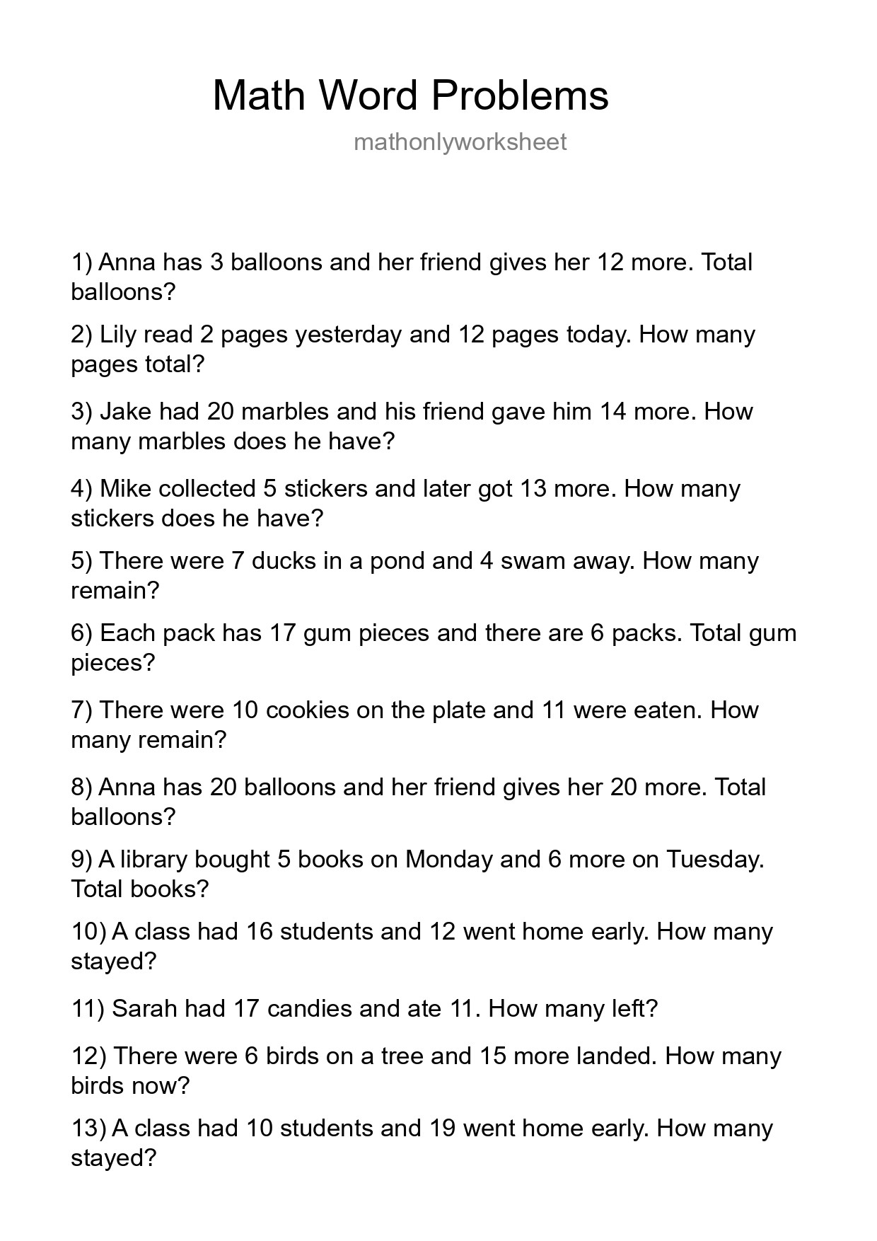 Math Word Problem Worksheet