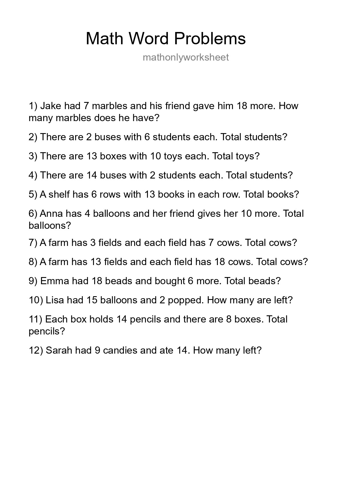 Math Word Problem Worksheet