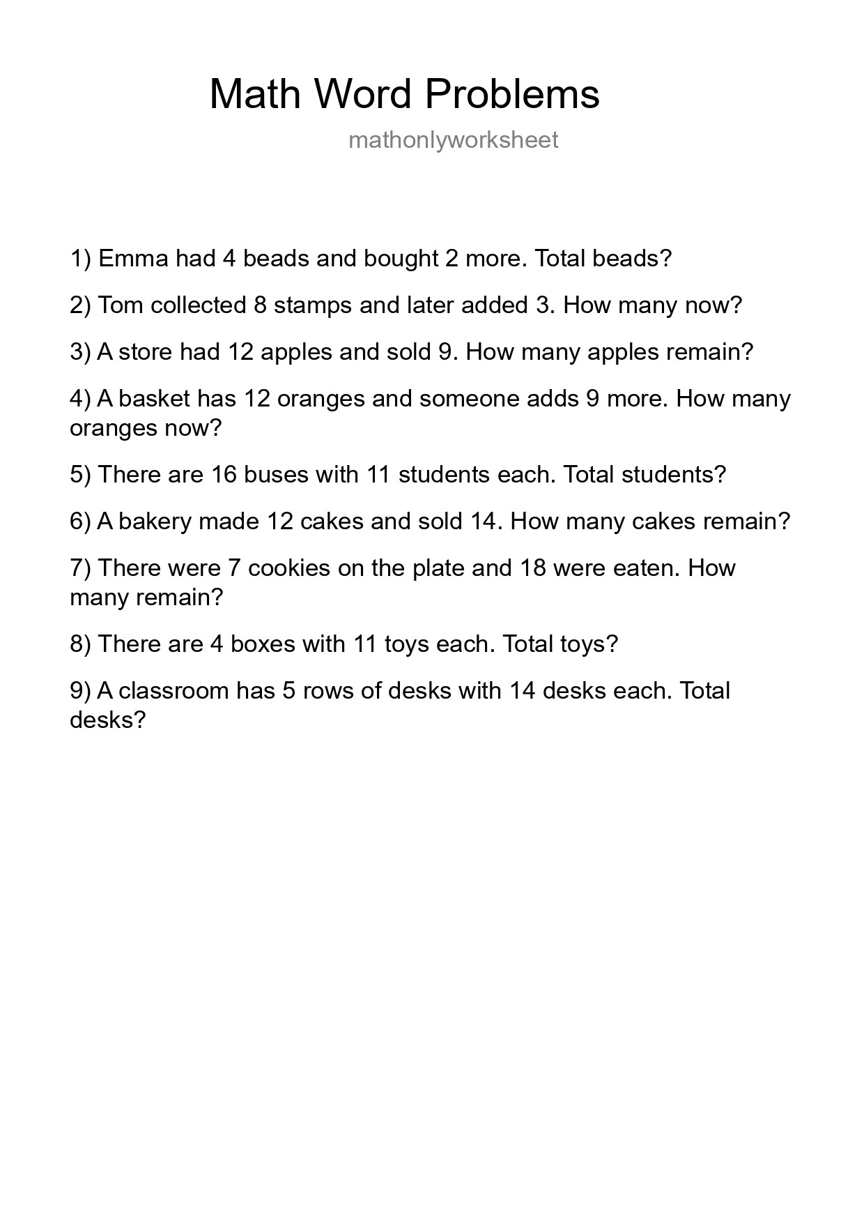 Math Word Problem Worksheet