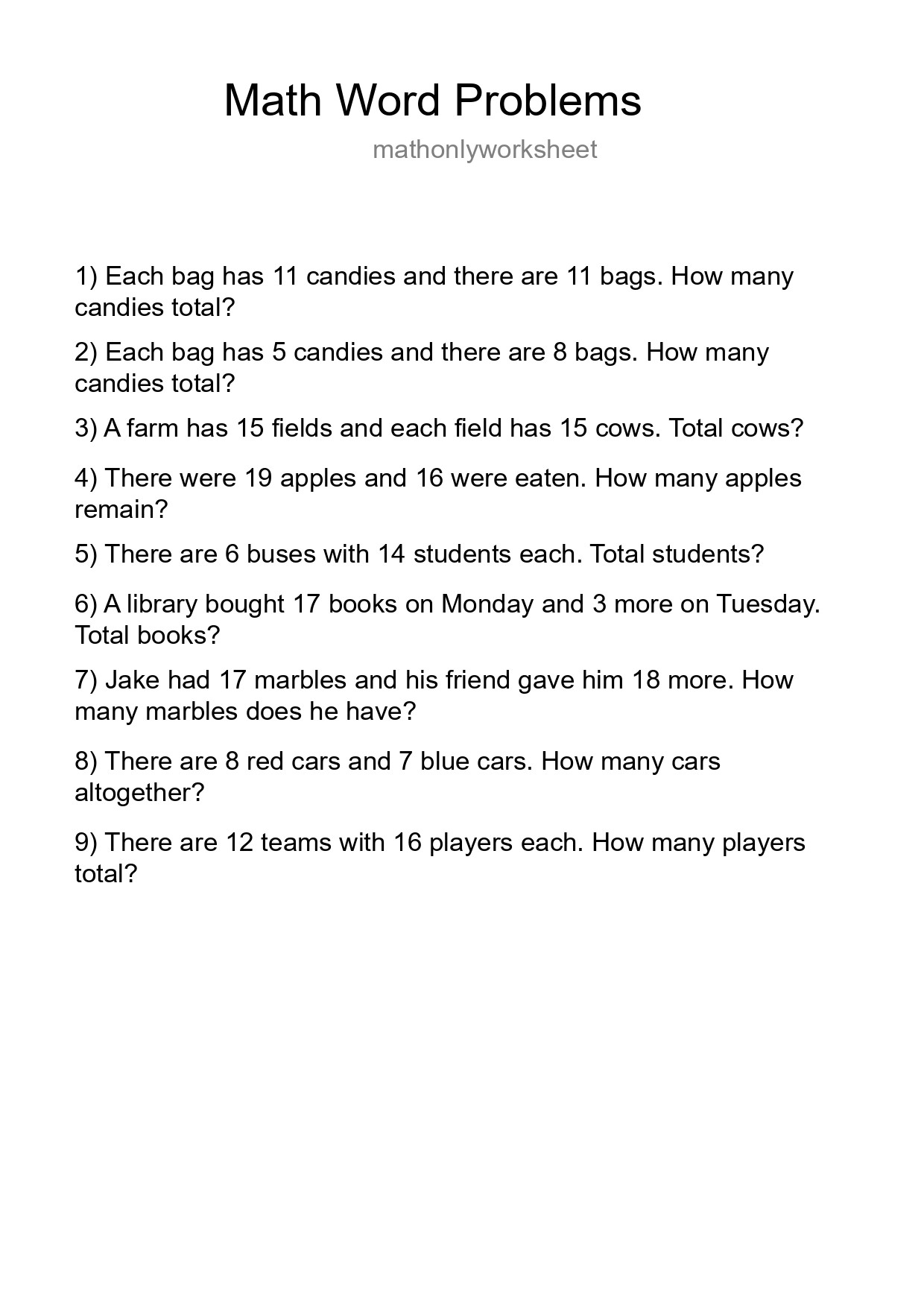 Math Word Problem Worksheet
