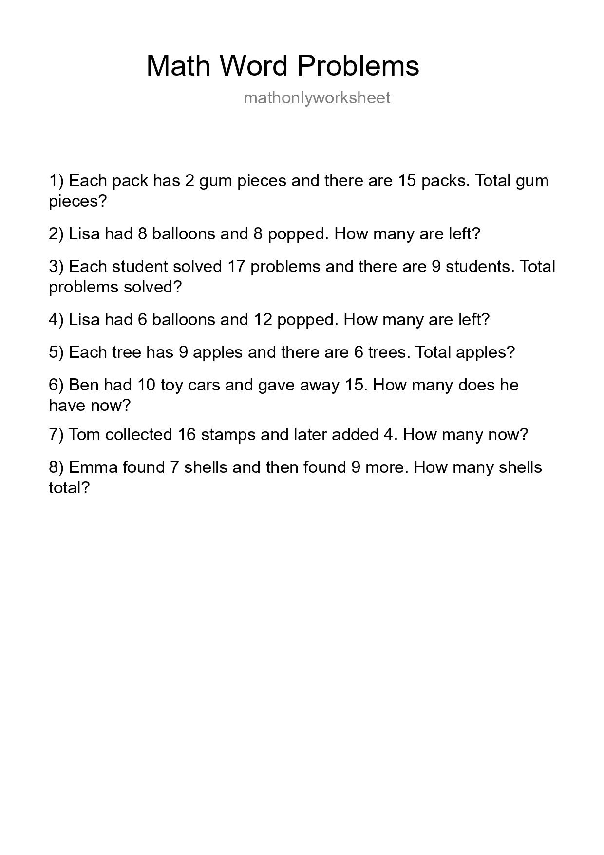 Math Word Problem Worksheet