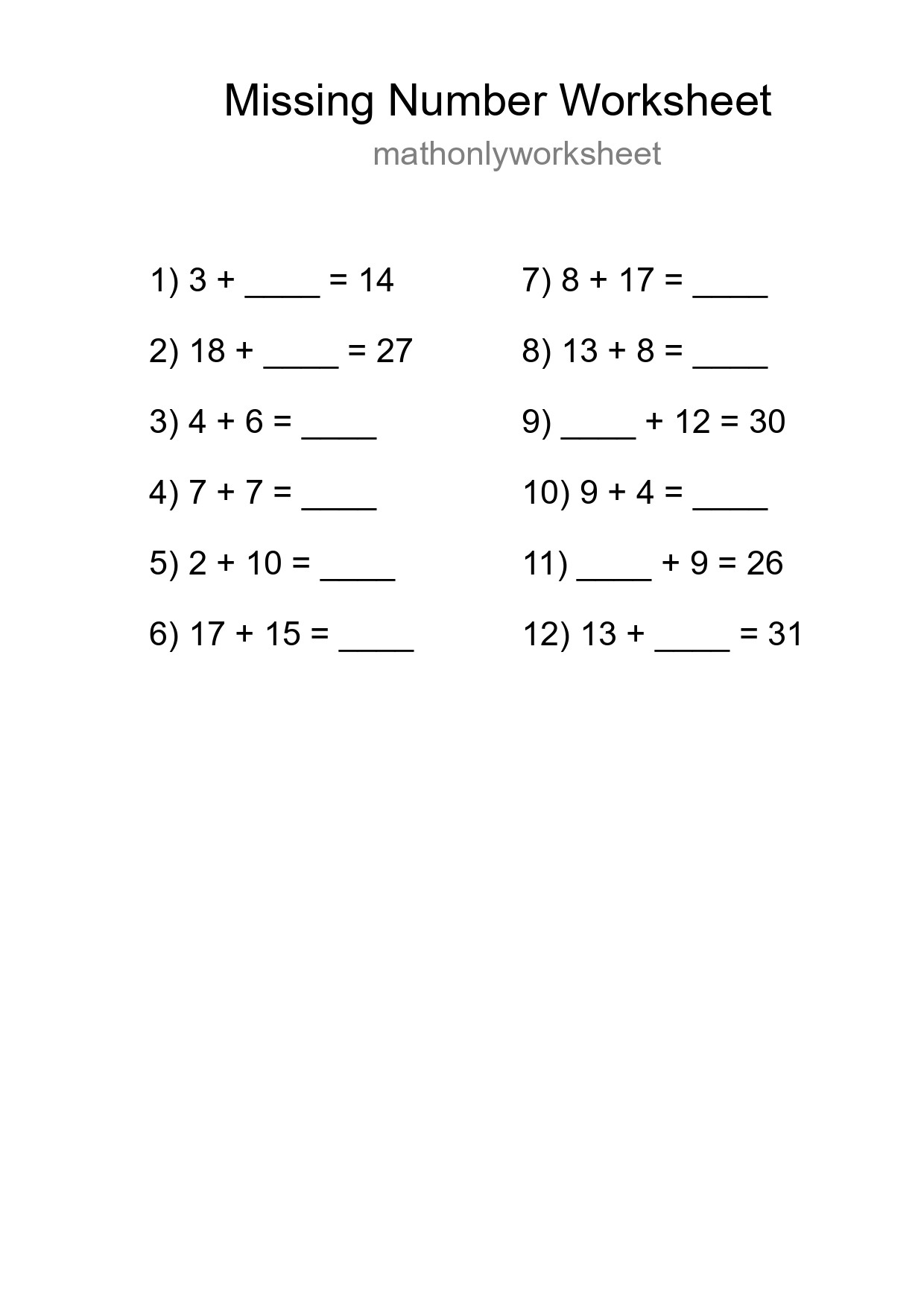 Missing Number Math Worksheet