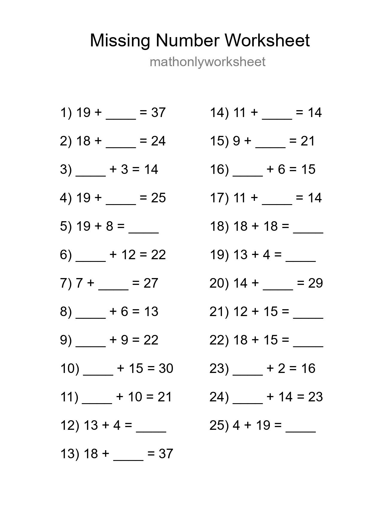 Missing Number Math Worksheet