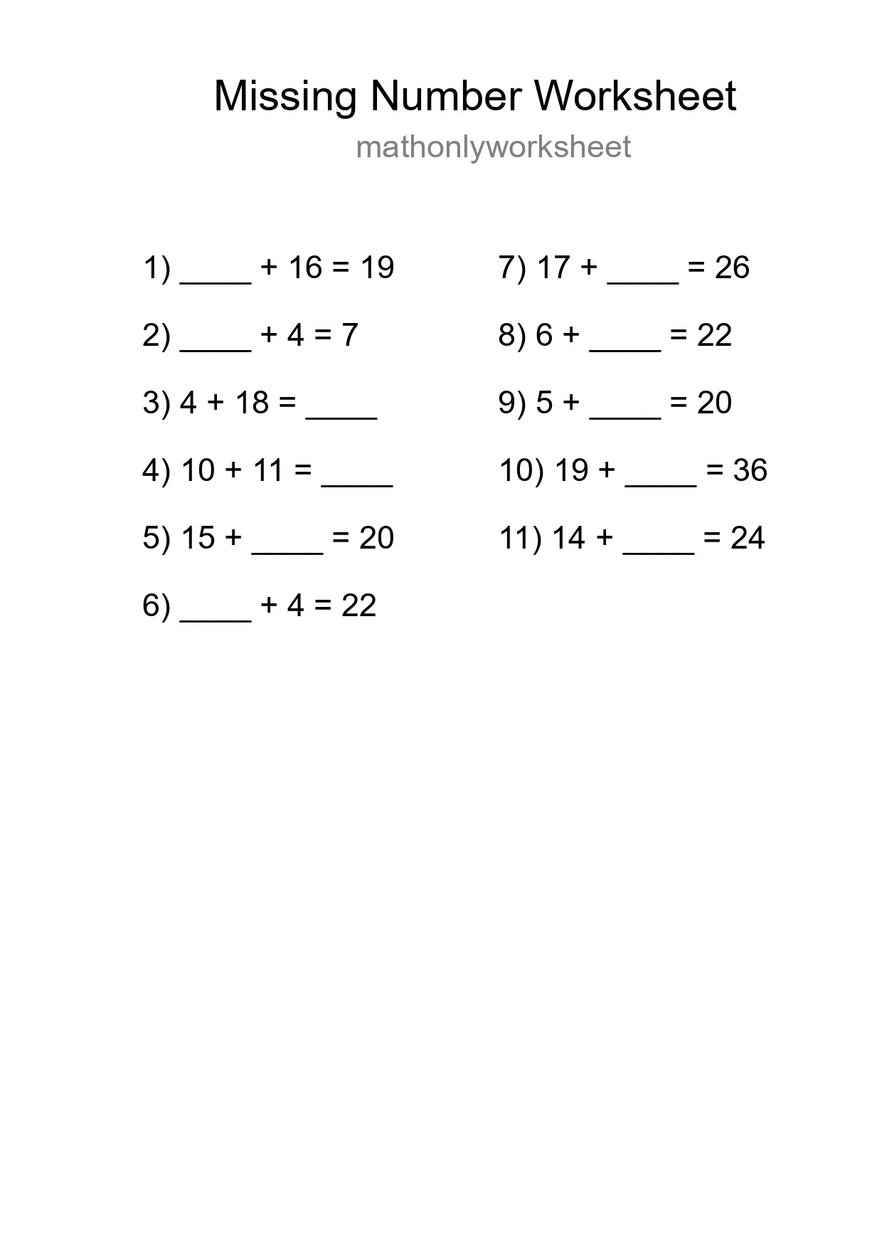 Missing Number Math Worksheet