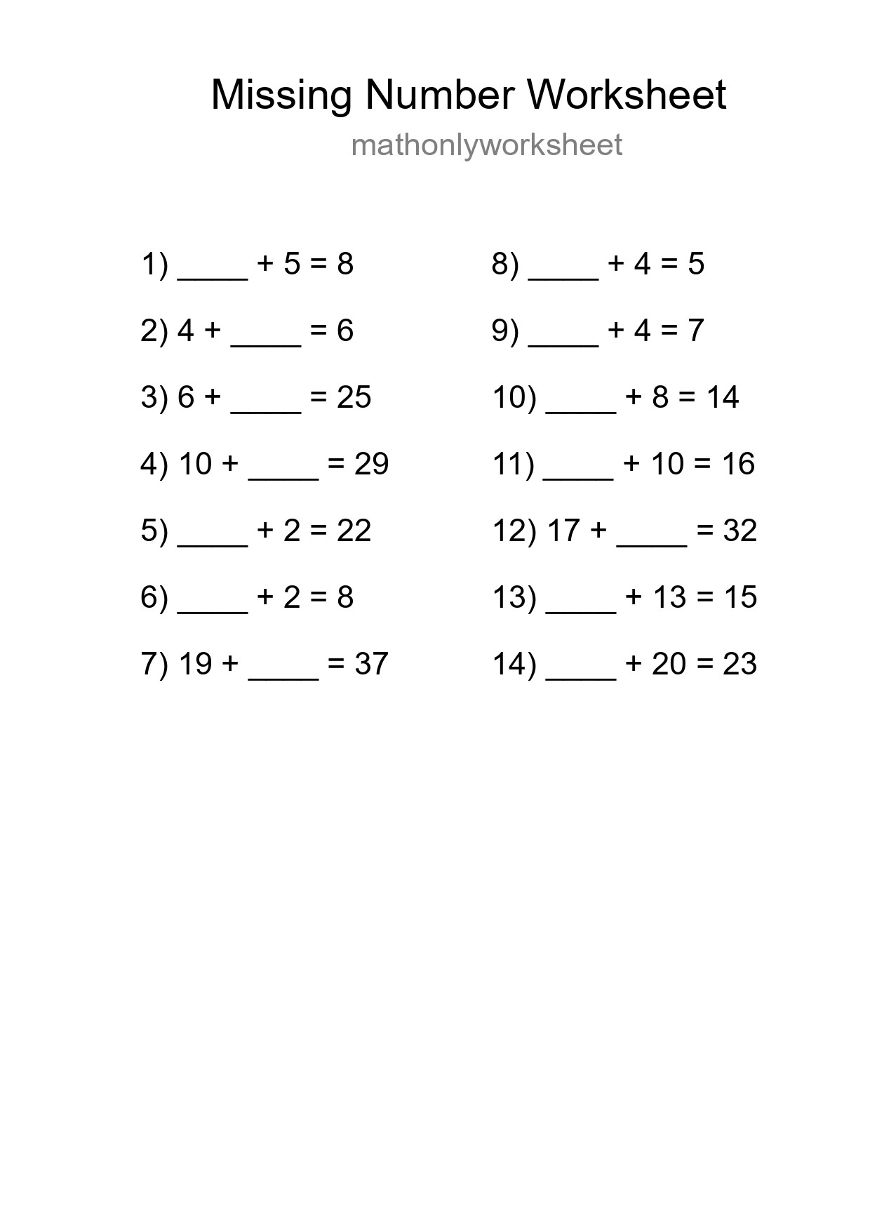 Missing Number Math Worksheet
