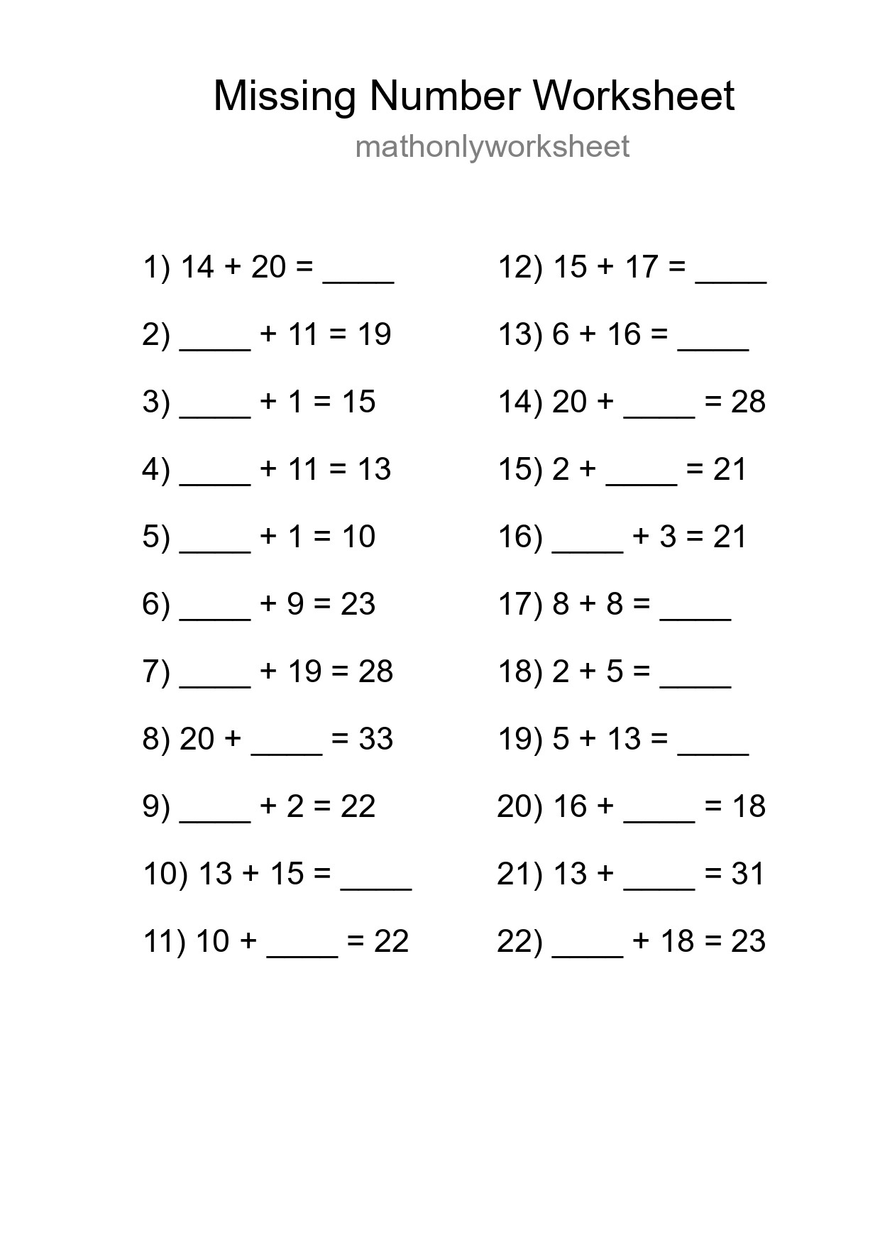 Missing Number Math Worksheet