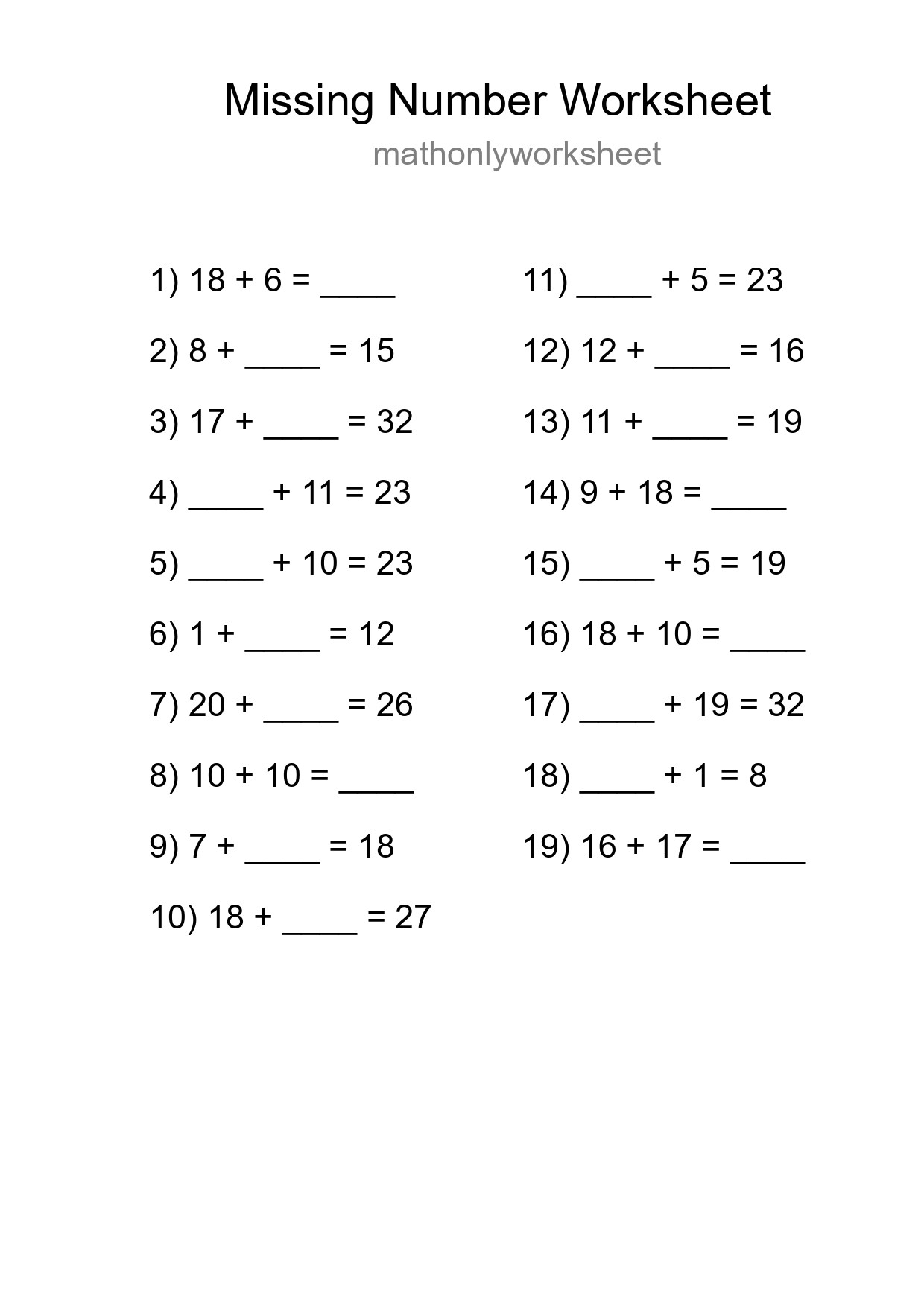 Missing Number Math Worksheet