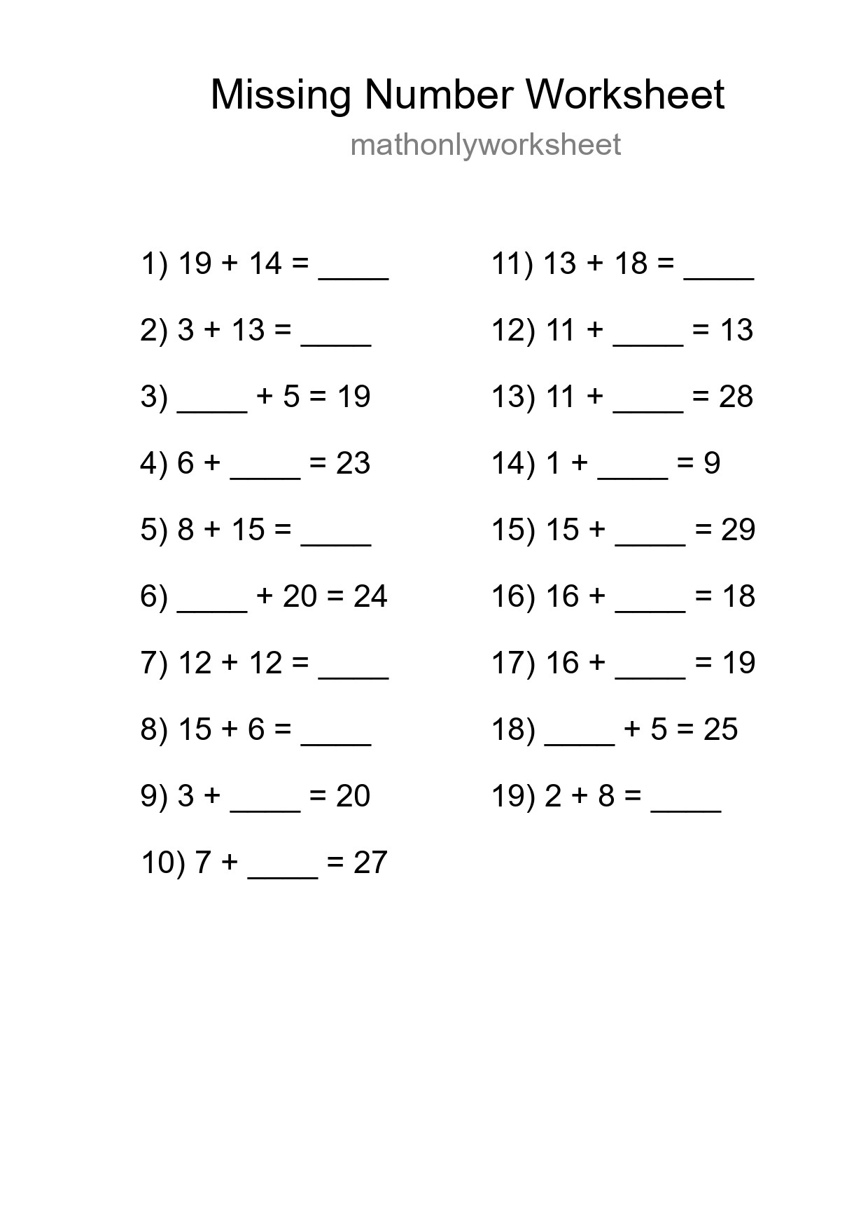 Missing Number Math Worksheet