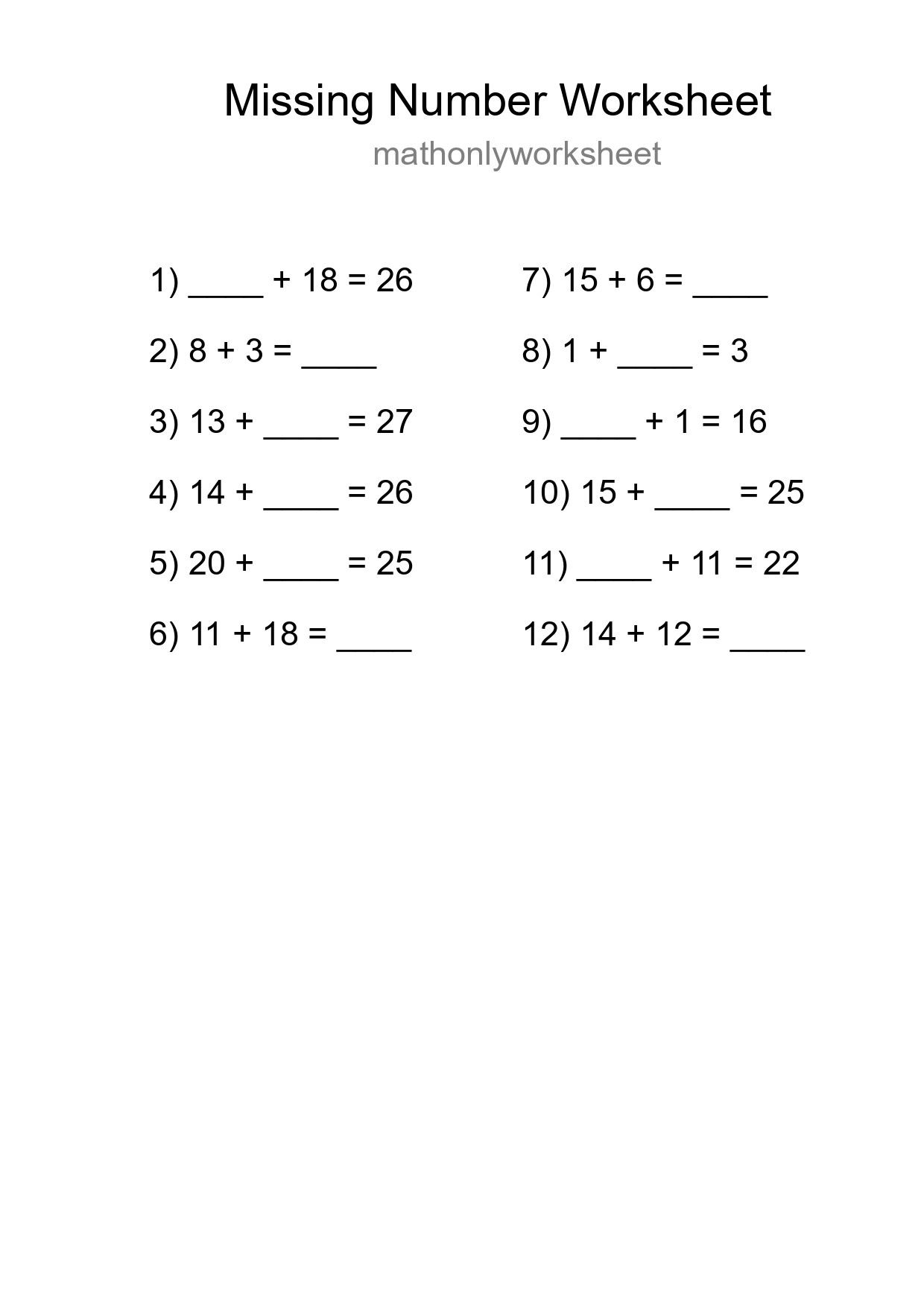 Missing Number Math Worksheet