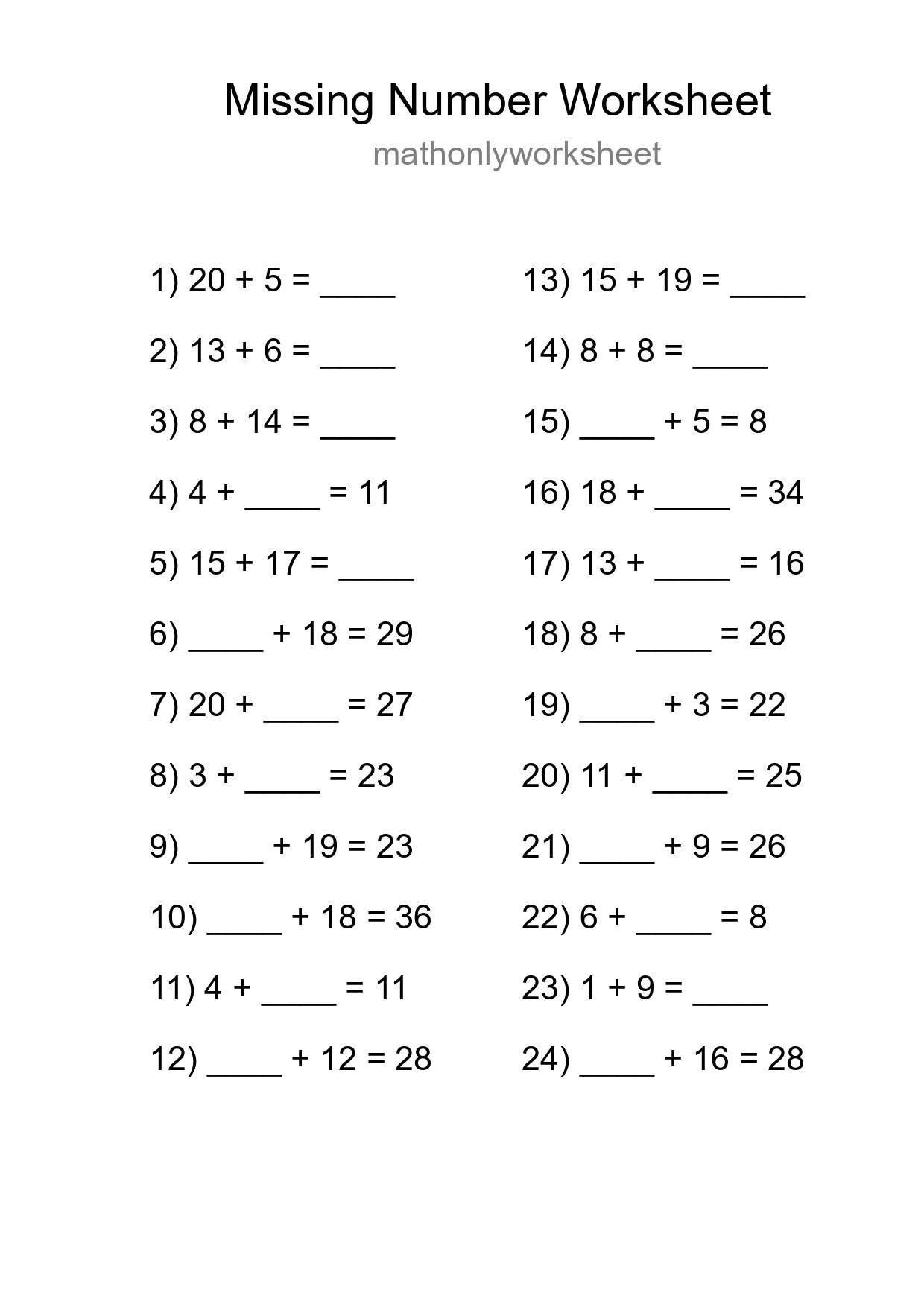 Missing Number Math Worksheet