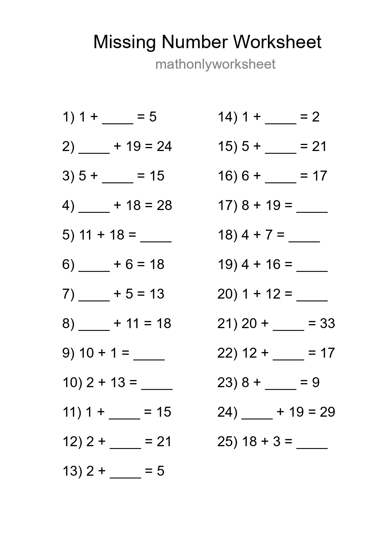 Missing Number Math Worksheet