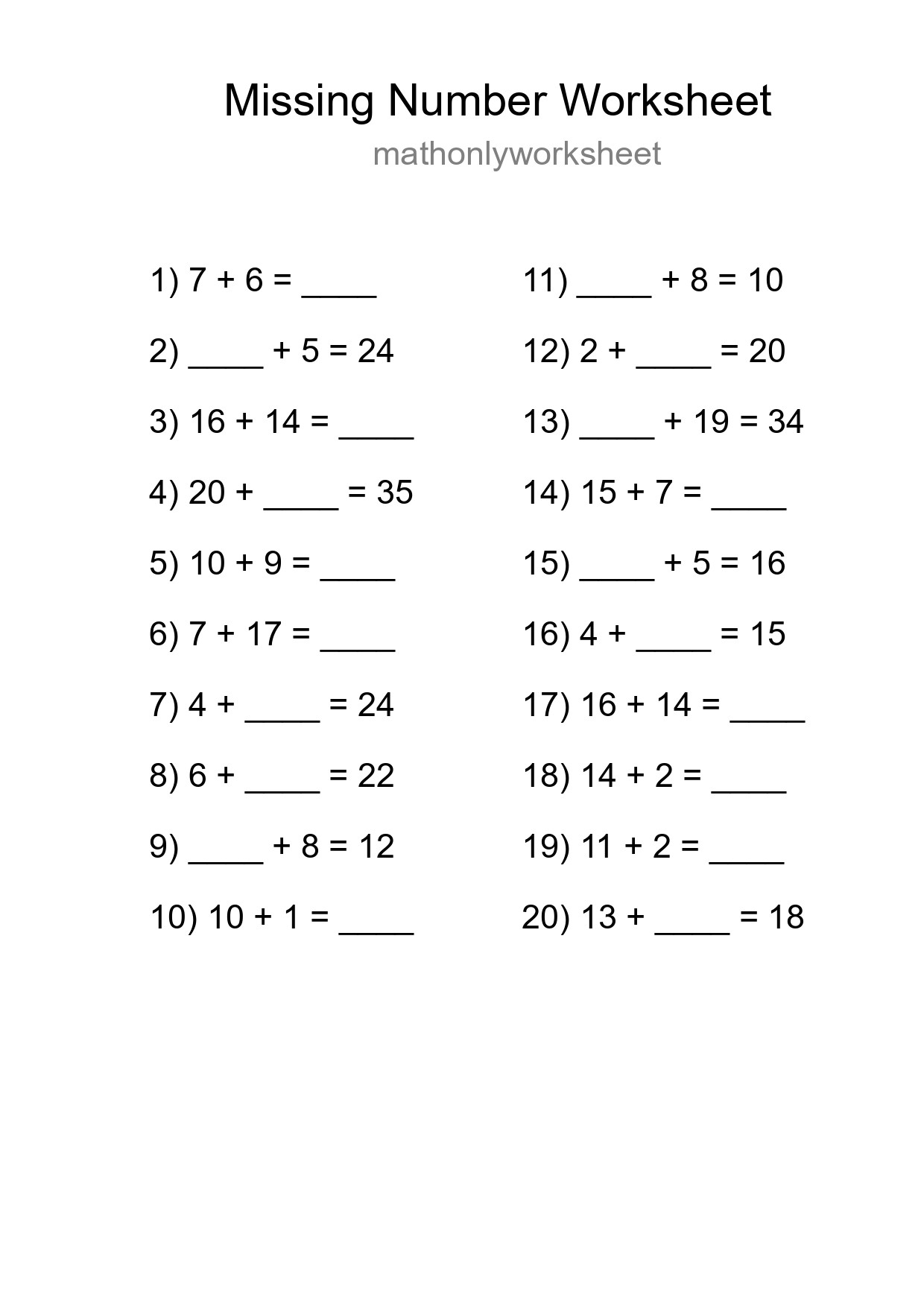 Missing Number Math Worksheet