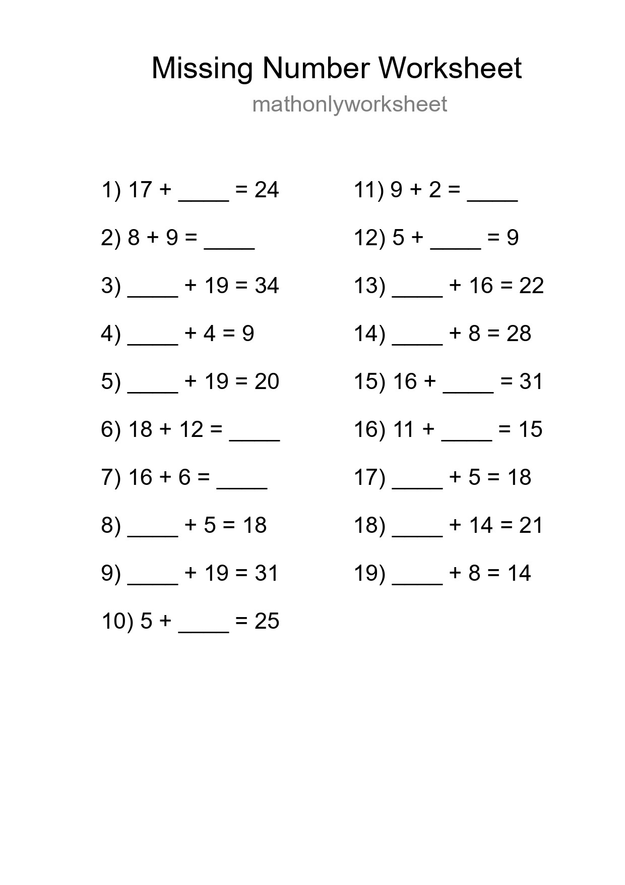 Missing Number Math Worksheet