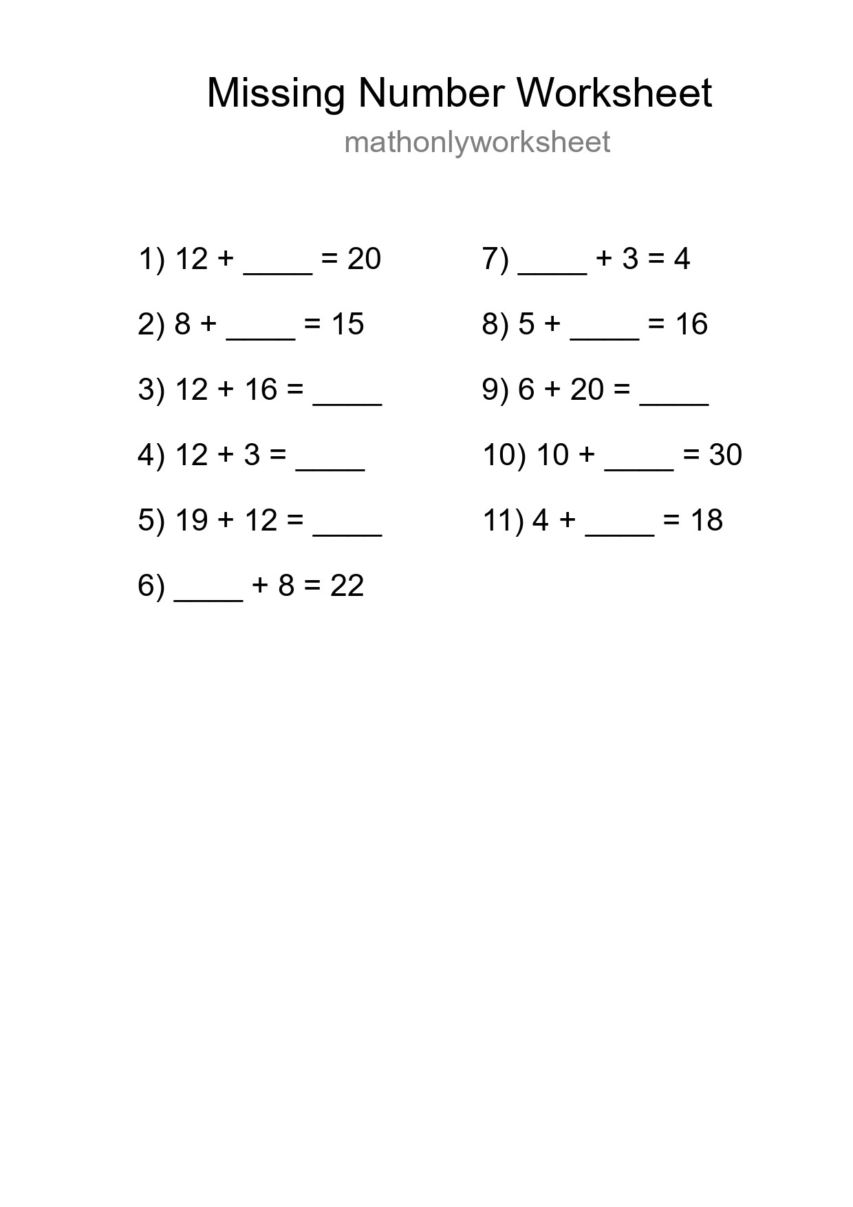 Missing Number Math Worksheet