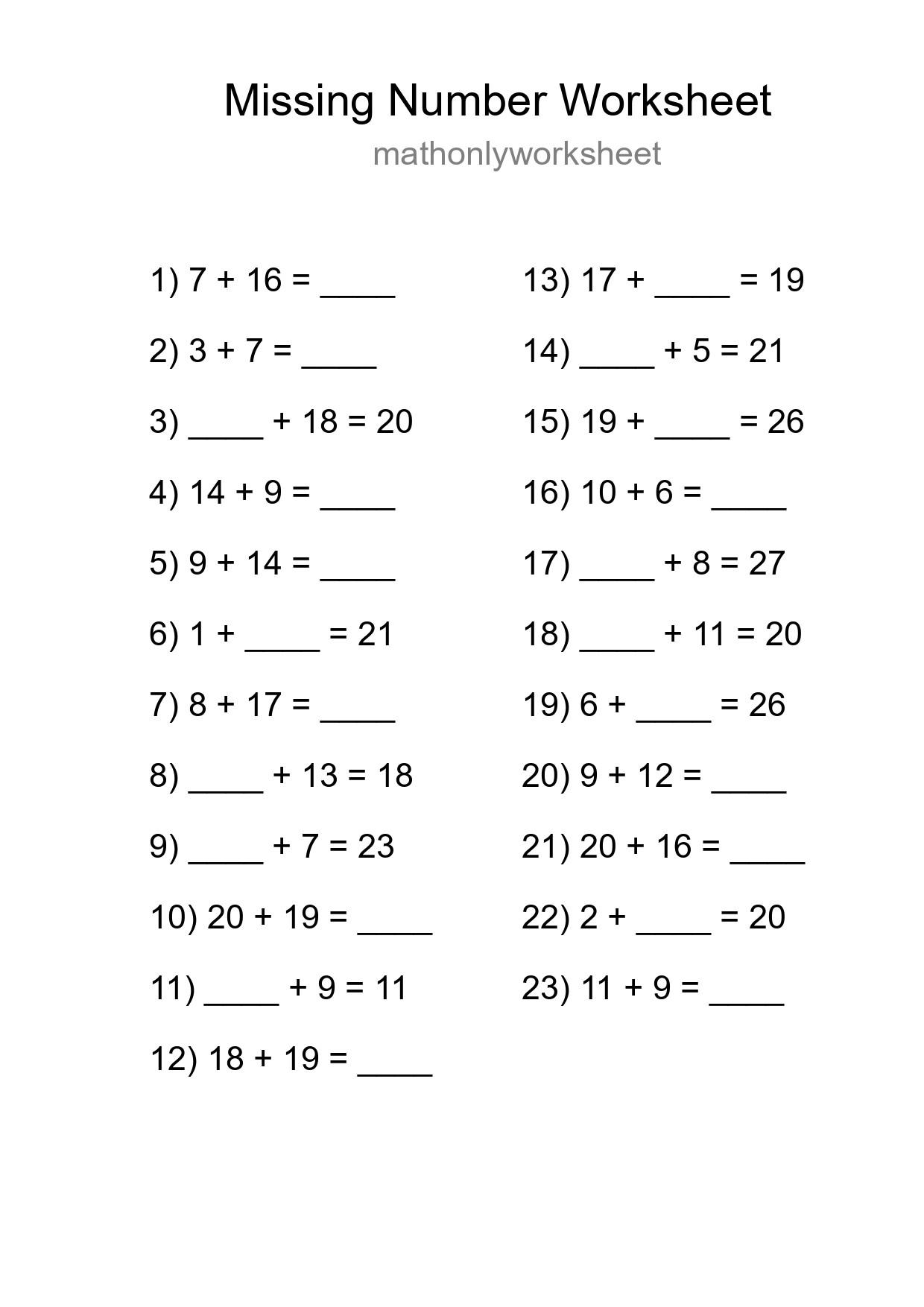 Missing Number Math Worksheet