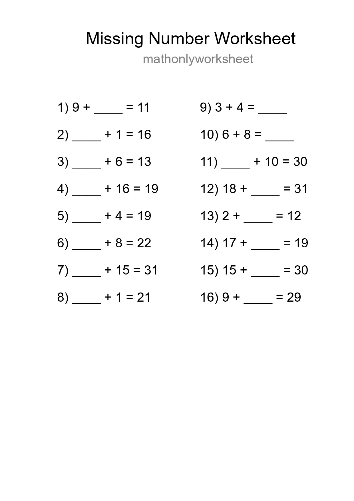 Missing Number Math Worksheet