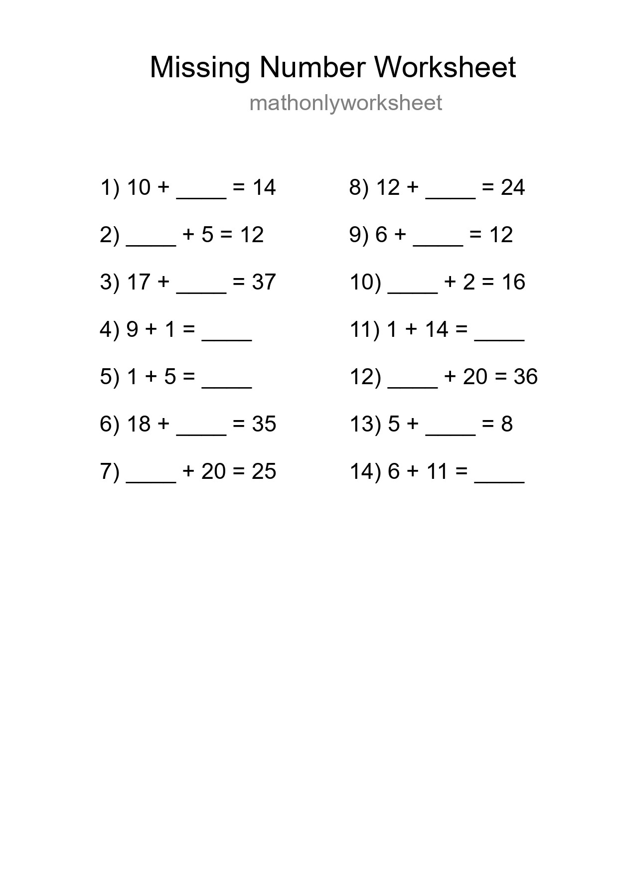 Missing Number Math Worksheet