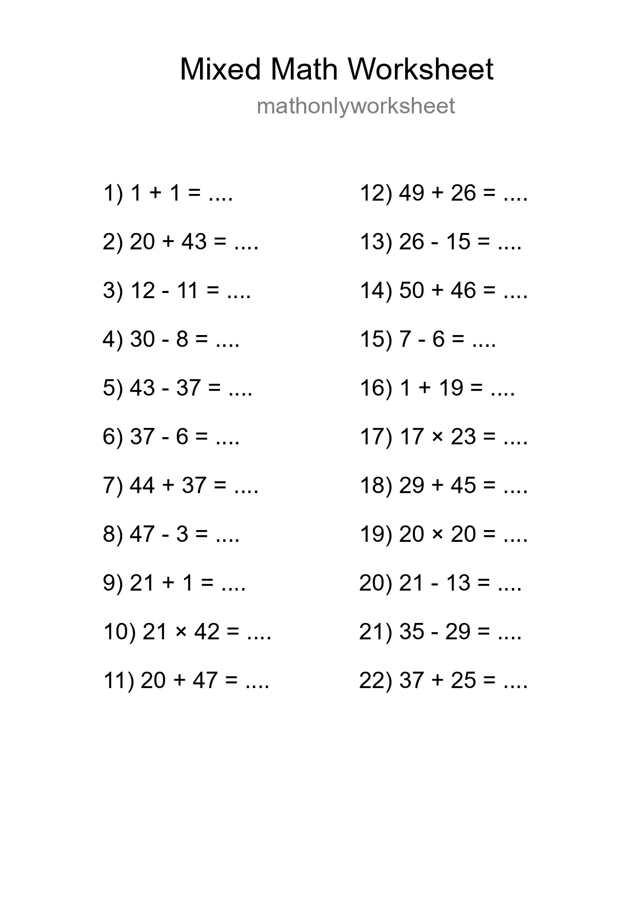 Mixed Operations Math Worksheet