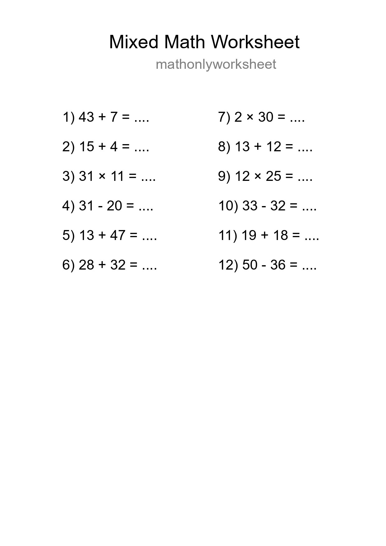Mixed Operations Math Worksheet