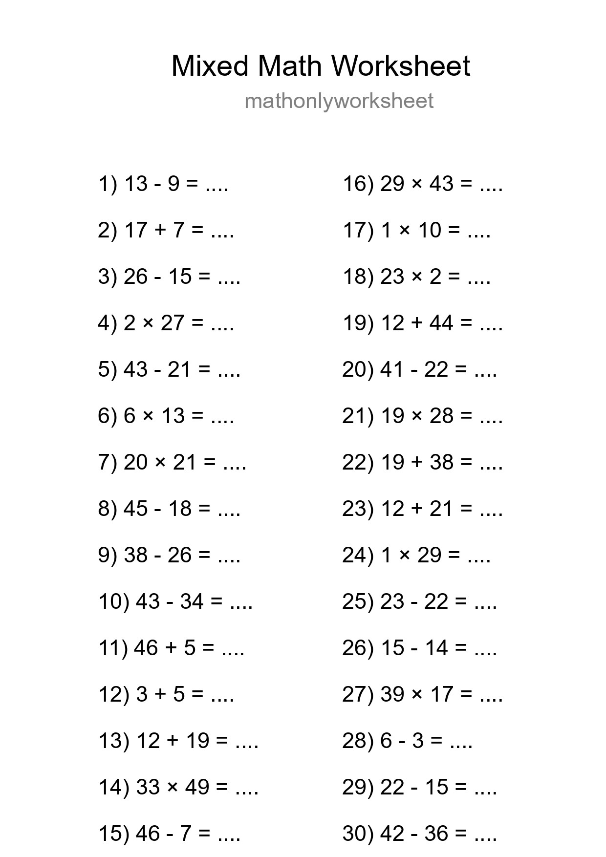 Mixed Operations Math Worksheet