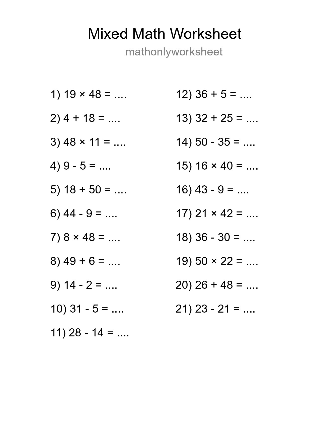Mixed Operations Math Worksheet