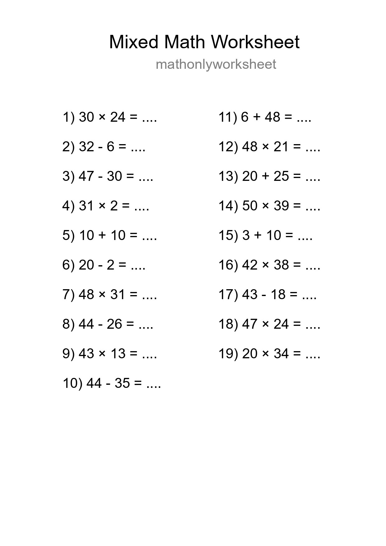 Mixed Operations Math Worksheet