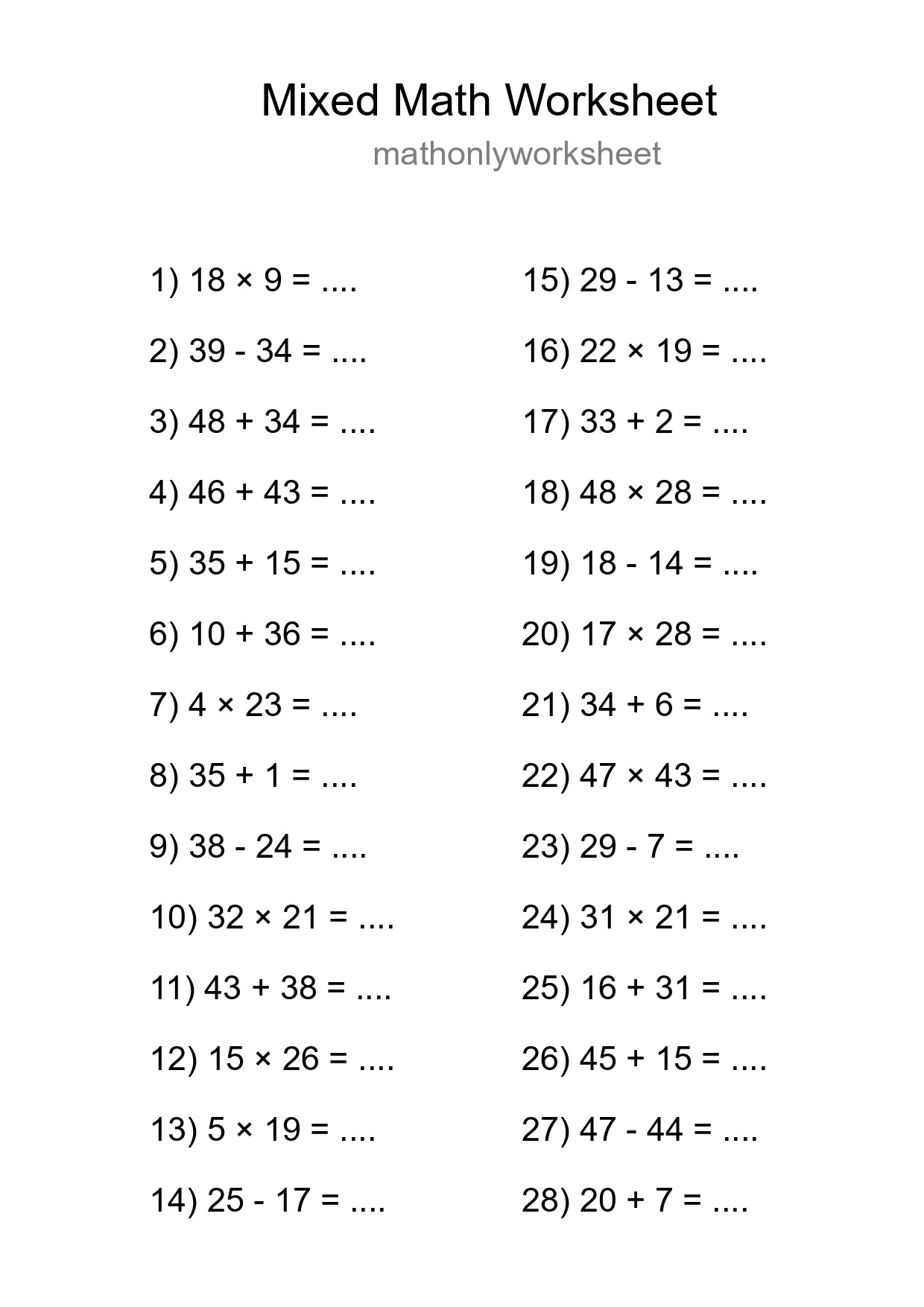 Mixed Operations Math Worksheet
