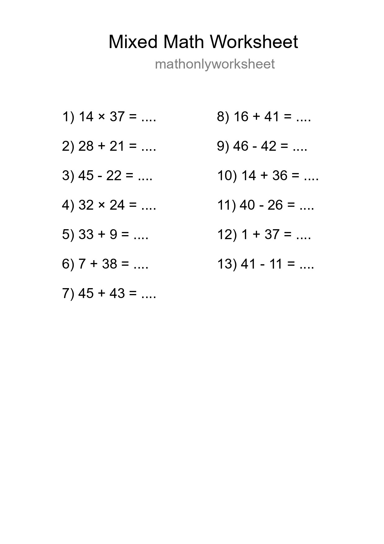 Mixed Operations Math Worksheet
