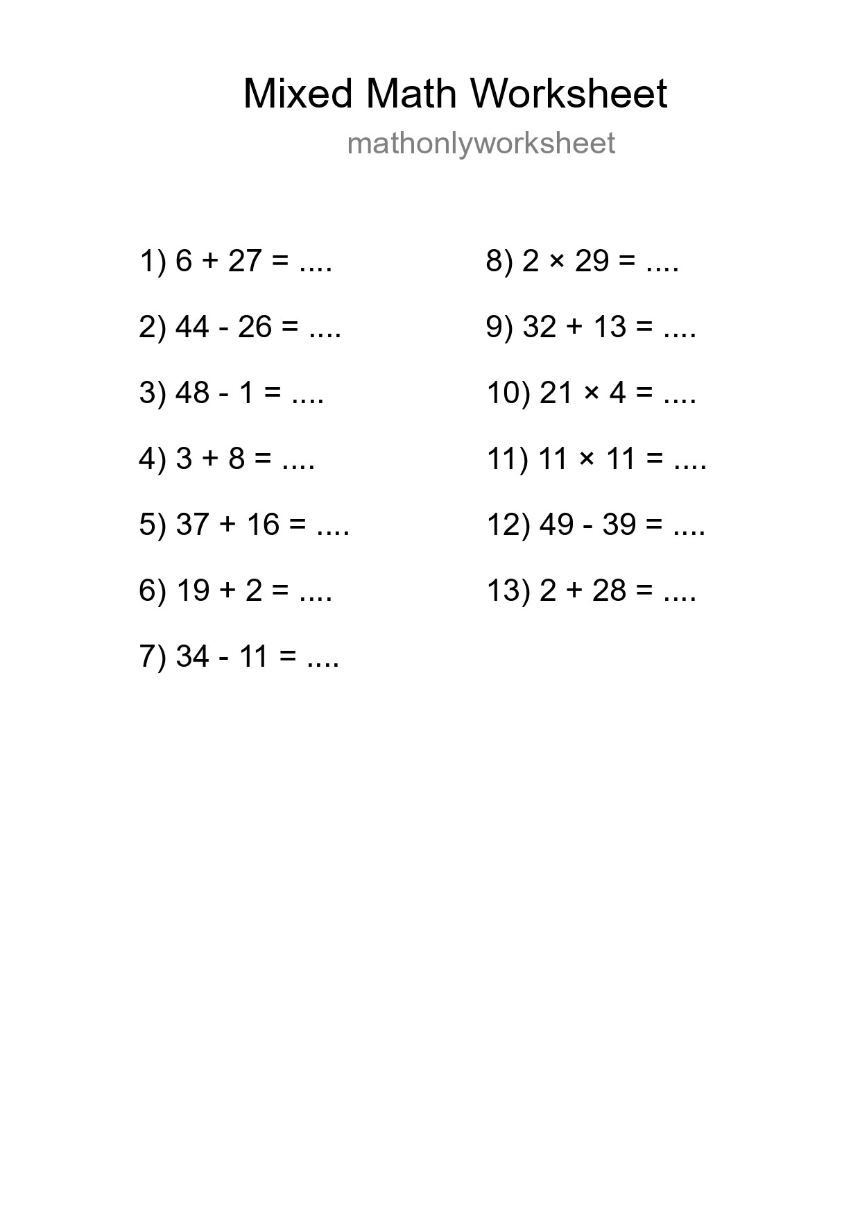 Mixed Operations Math Worksheet