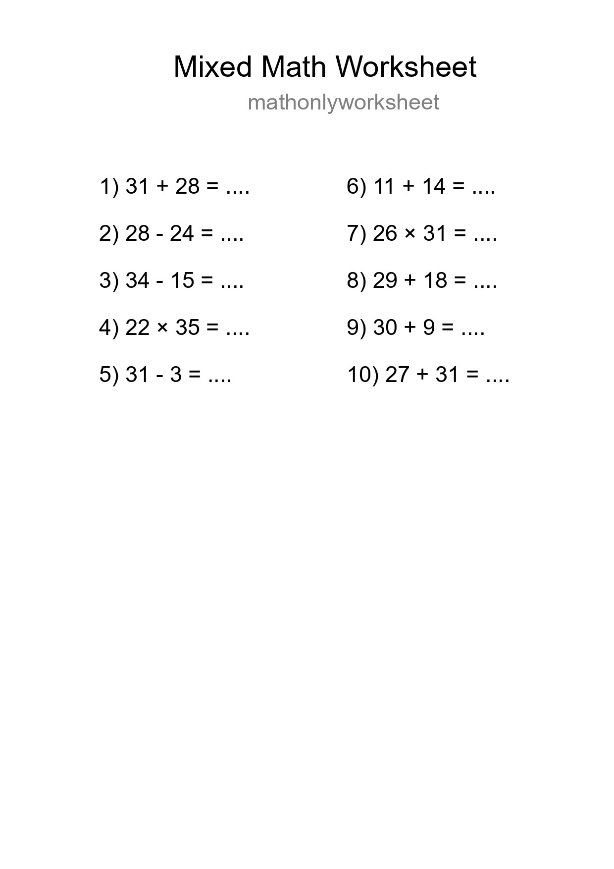 Mixed Operations Math Worksheet