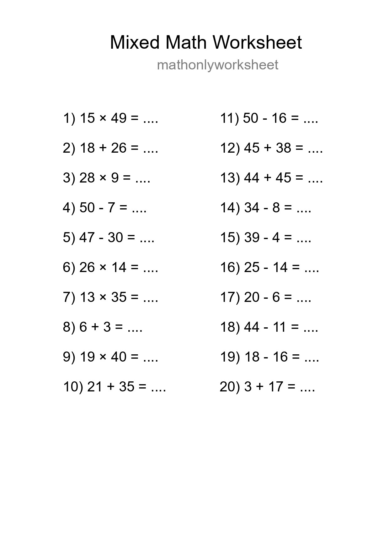 Mixed Operations Math Worksheet