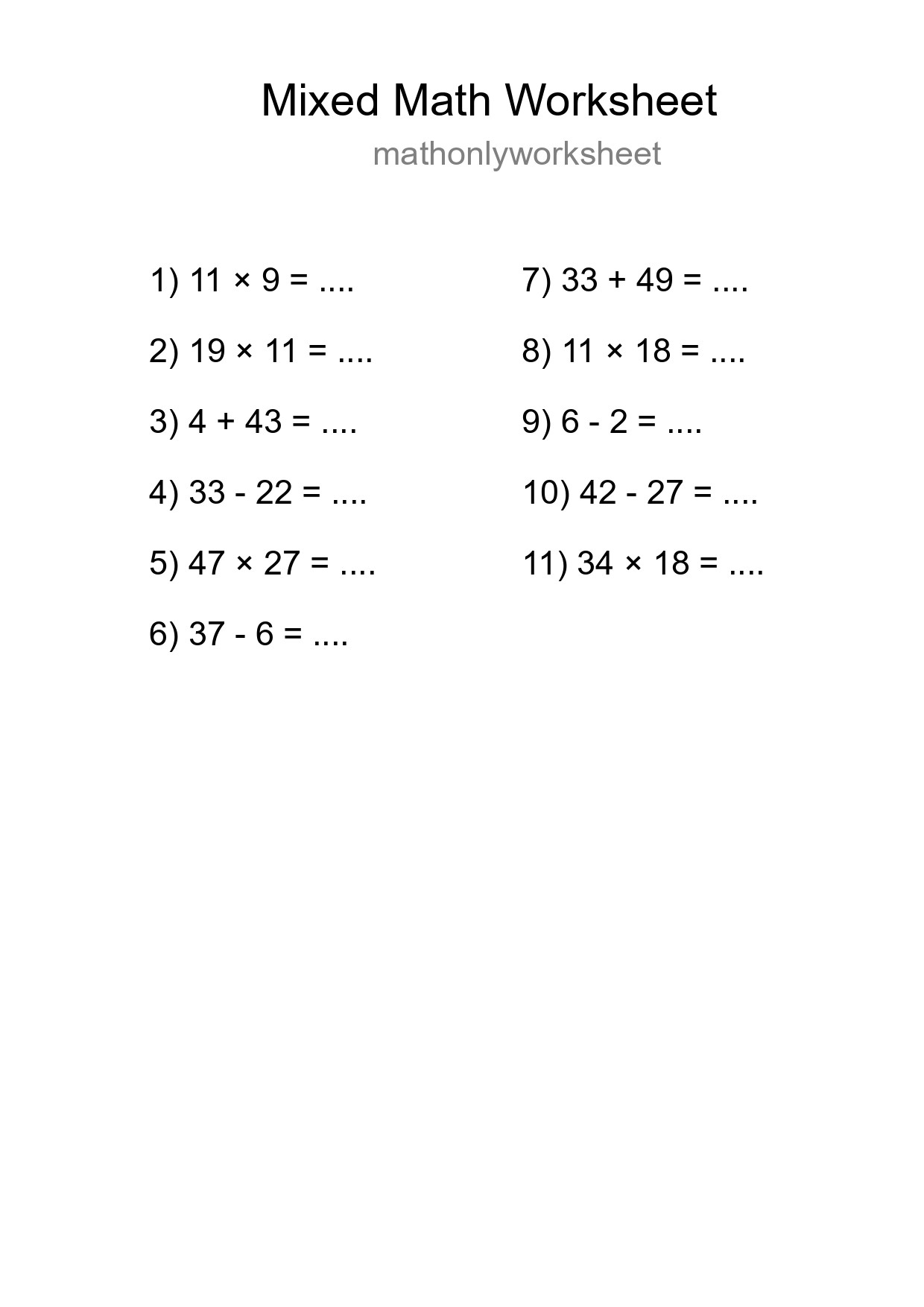 Mixed Operations Math Worksheet