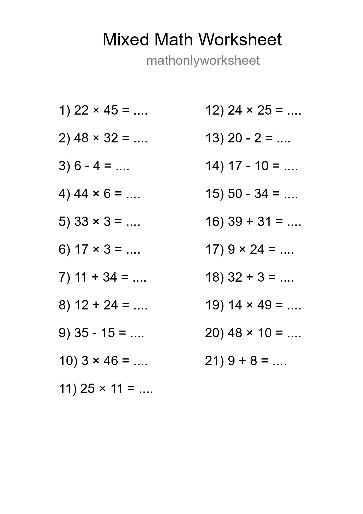 Mixed Operations Math Worksheet