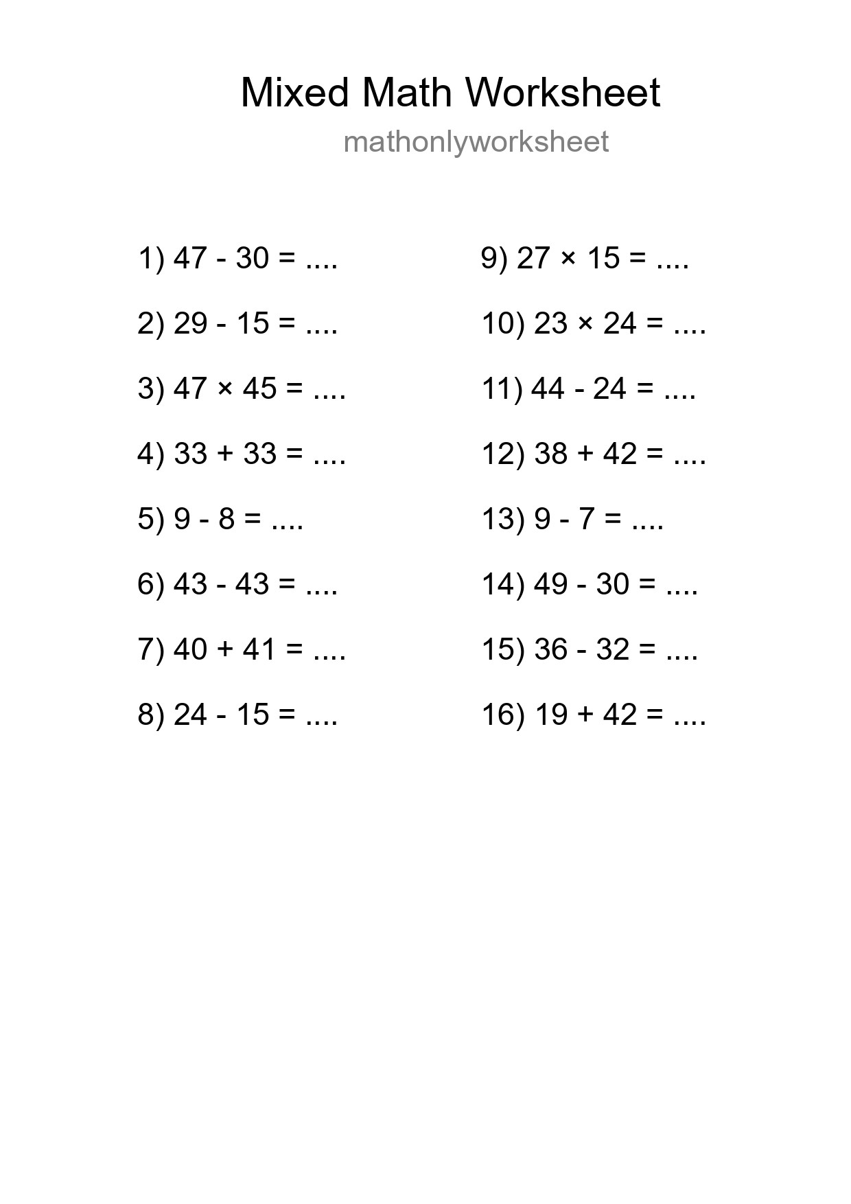 Mixed Operations Math Worksheet