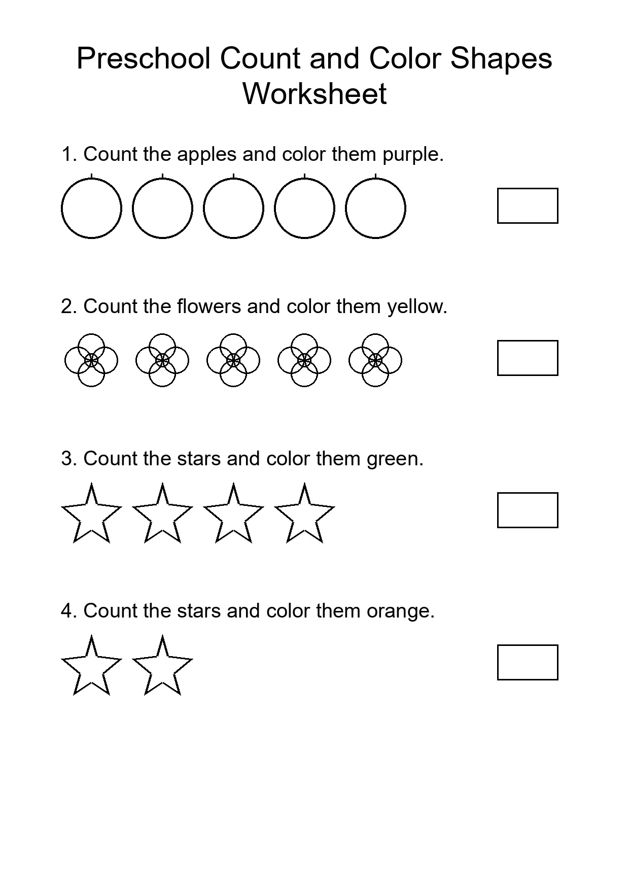 Preschool Count and Color Shapes Worksheet