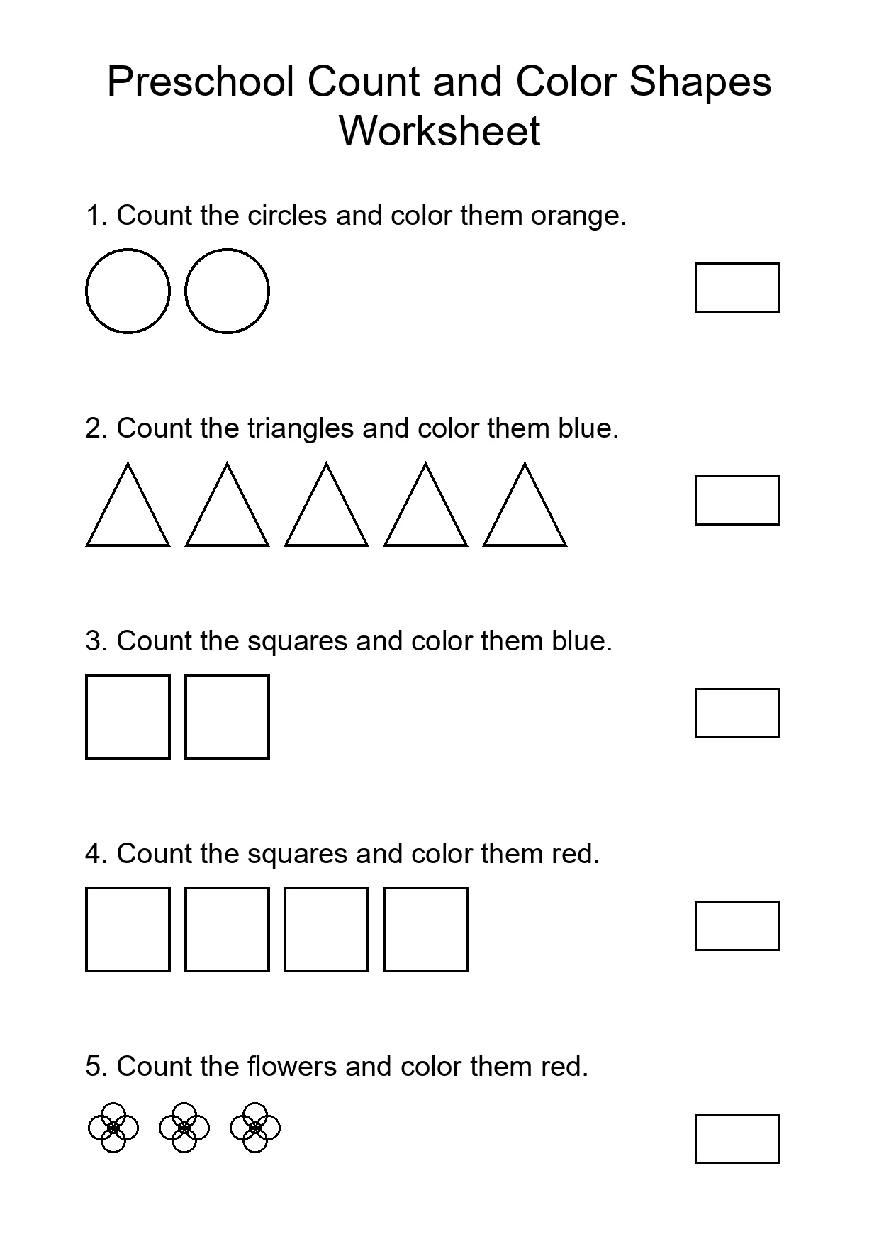 Preschool Count and Color Shapes Worksheet