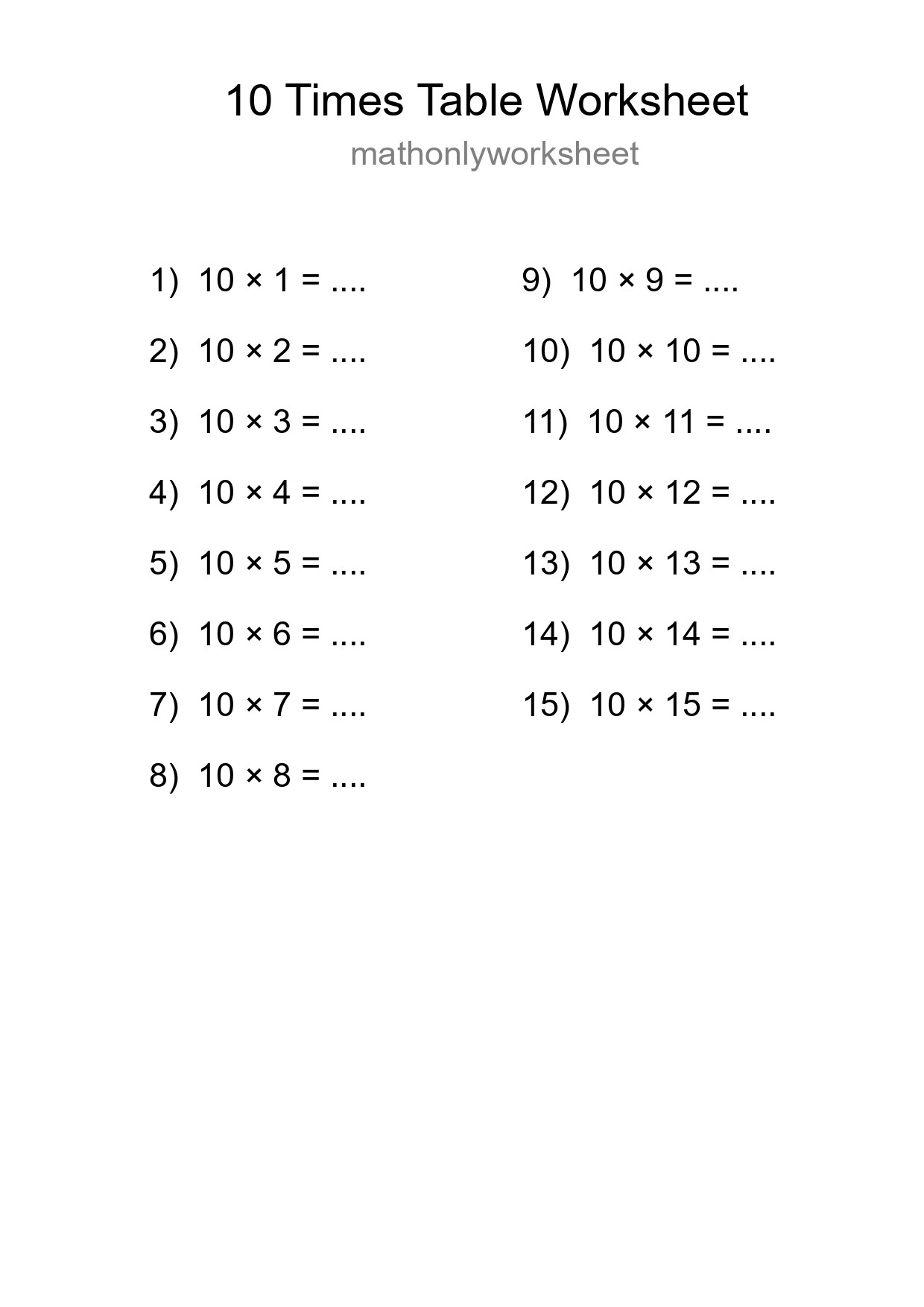 Printable 10 Times Table Worksheet For Grade 3 - Part 10