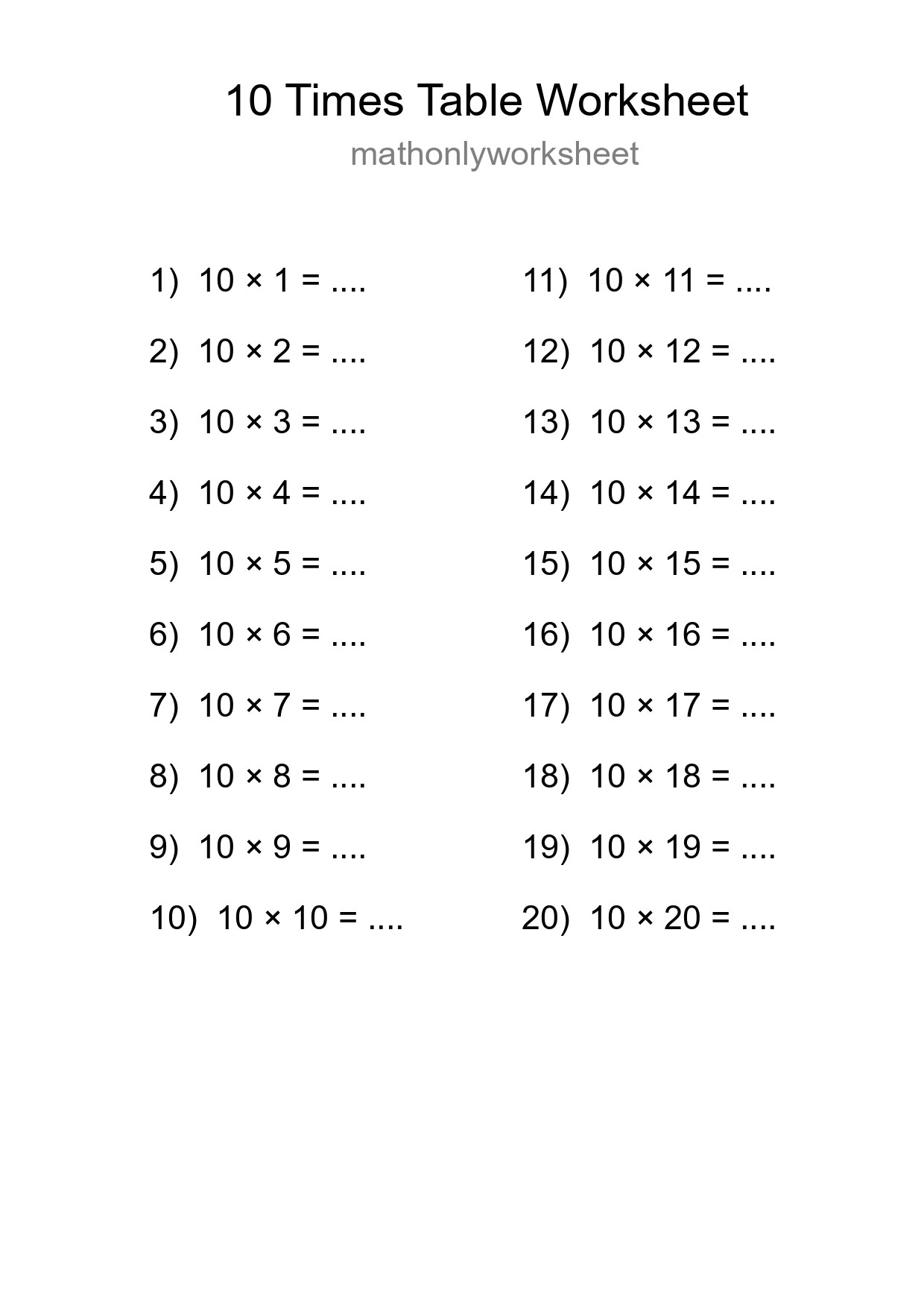 Printable 10 Times Table Worksheet For Grade 3 - Part 214