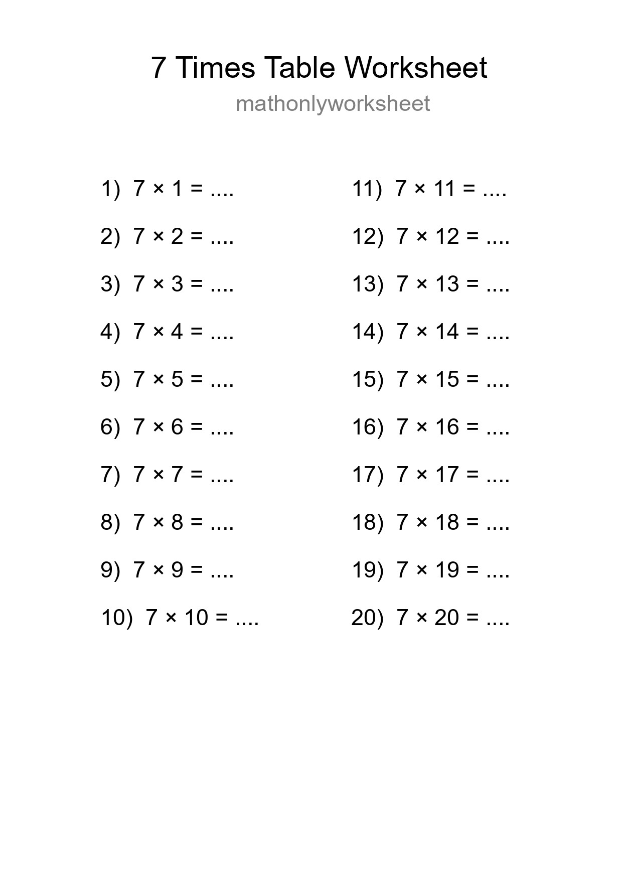 Printable 7 Times Table Worksheet For Grade 3 - Part 154