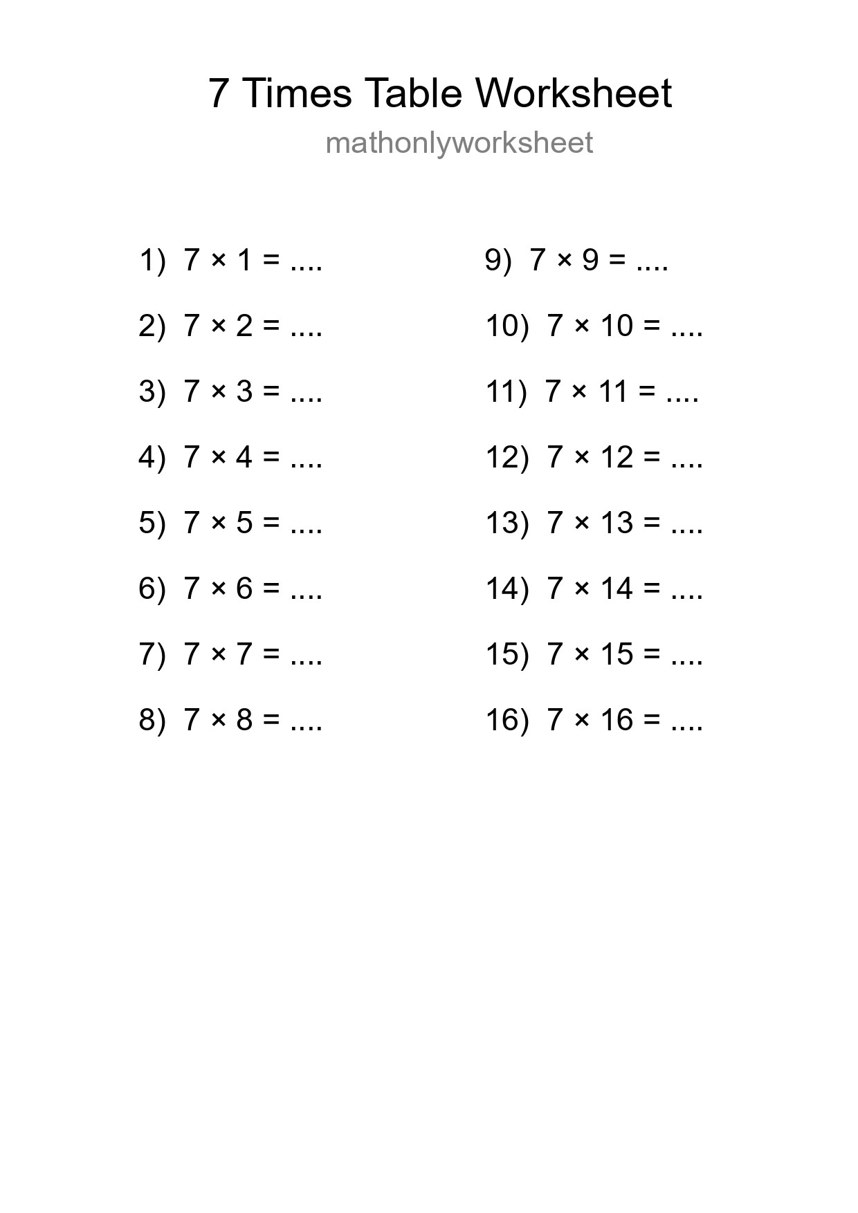 Printable 7 Times Table Worksheet For Grade 3 - Part 178