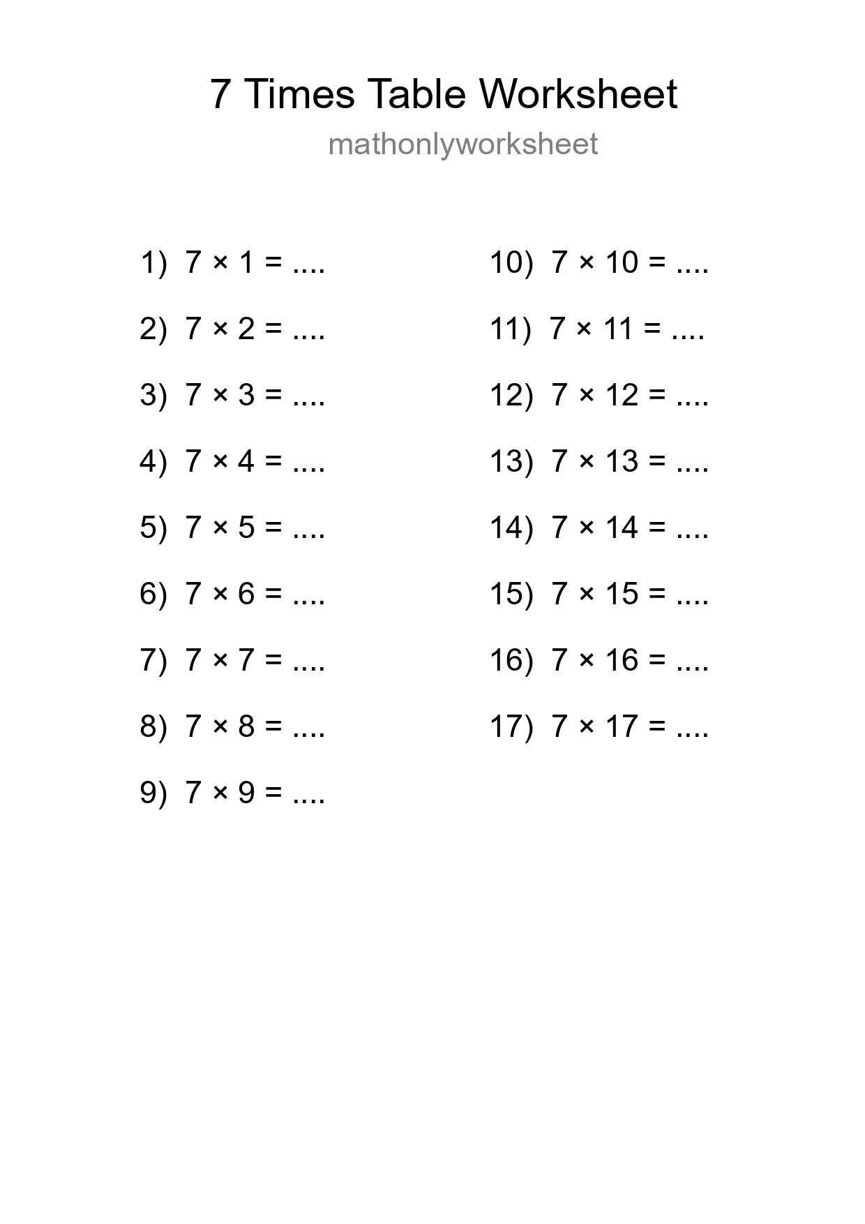 Printable 7 Times Table Worksheet For Grade 3 - Part 34