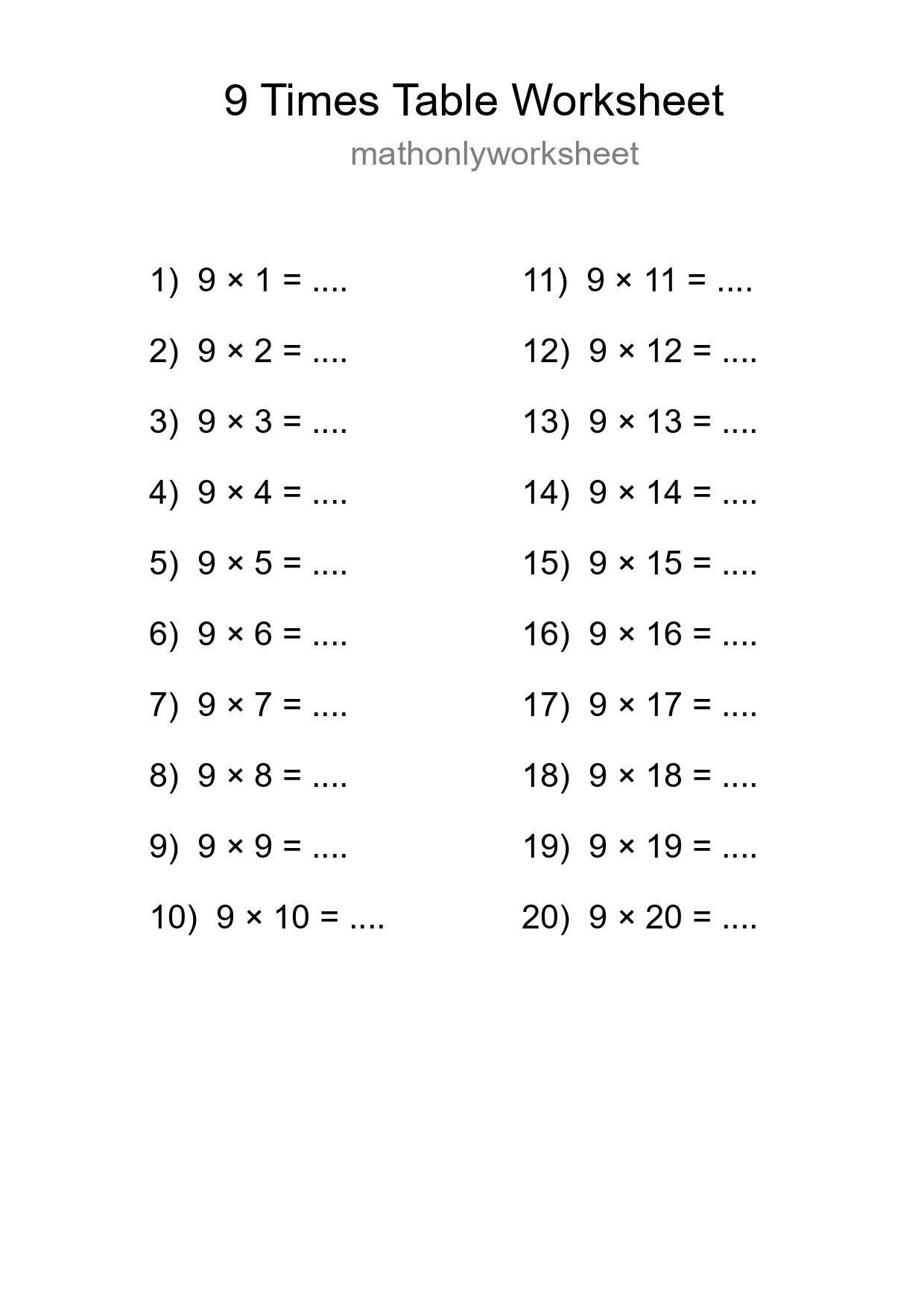 Printable 9 Times Table Worksheet For Grade 3 - Part 142