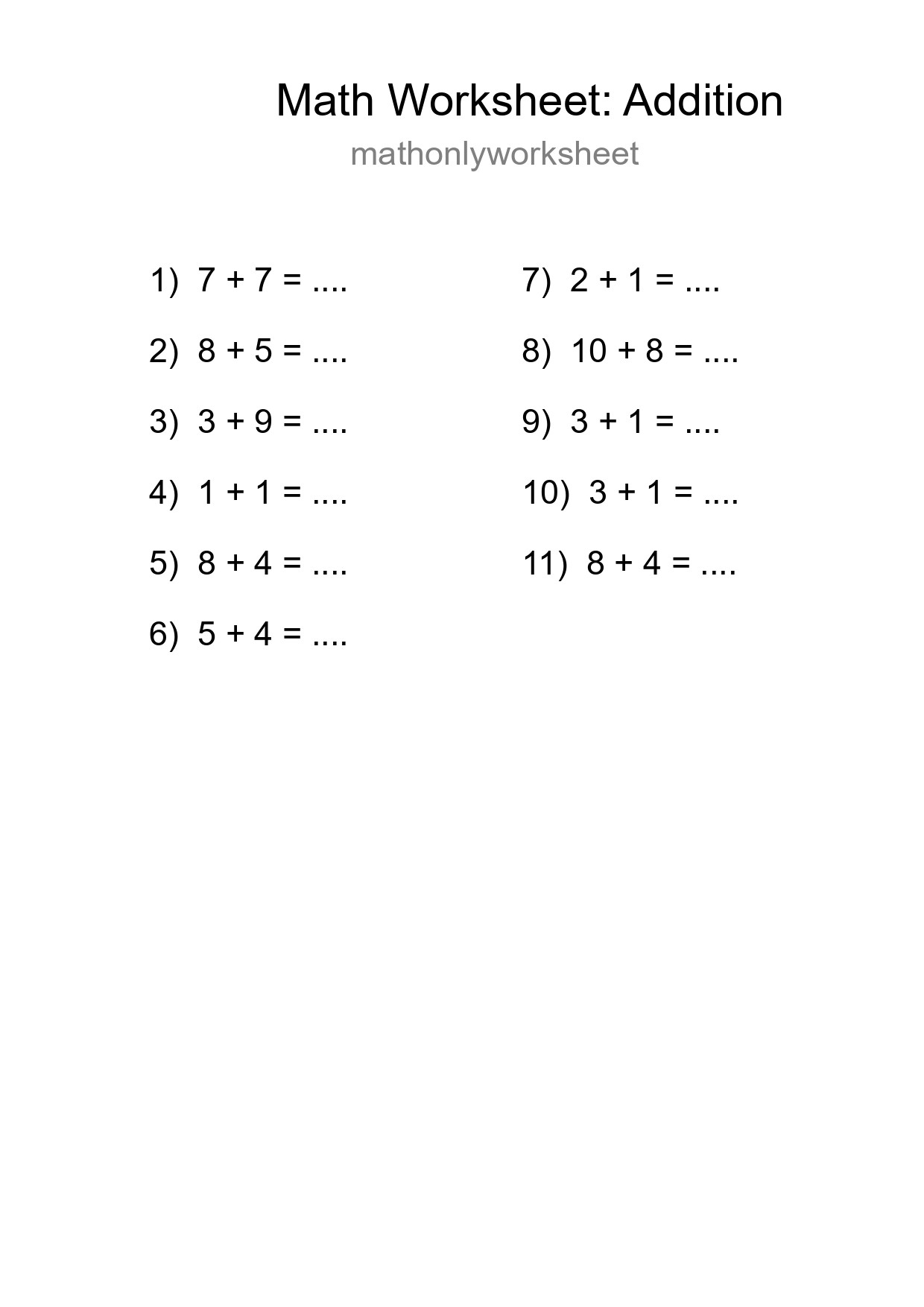 Printable Free 11 Addition Math Worksheet For Grade 1 - Part 49
