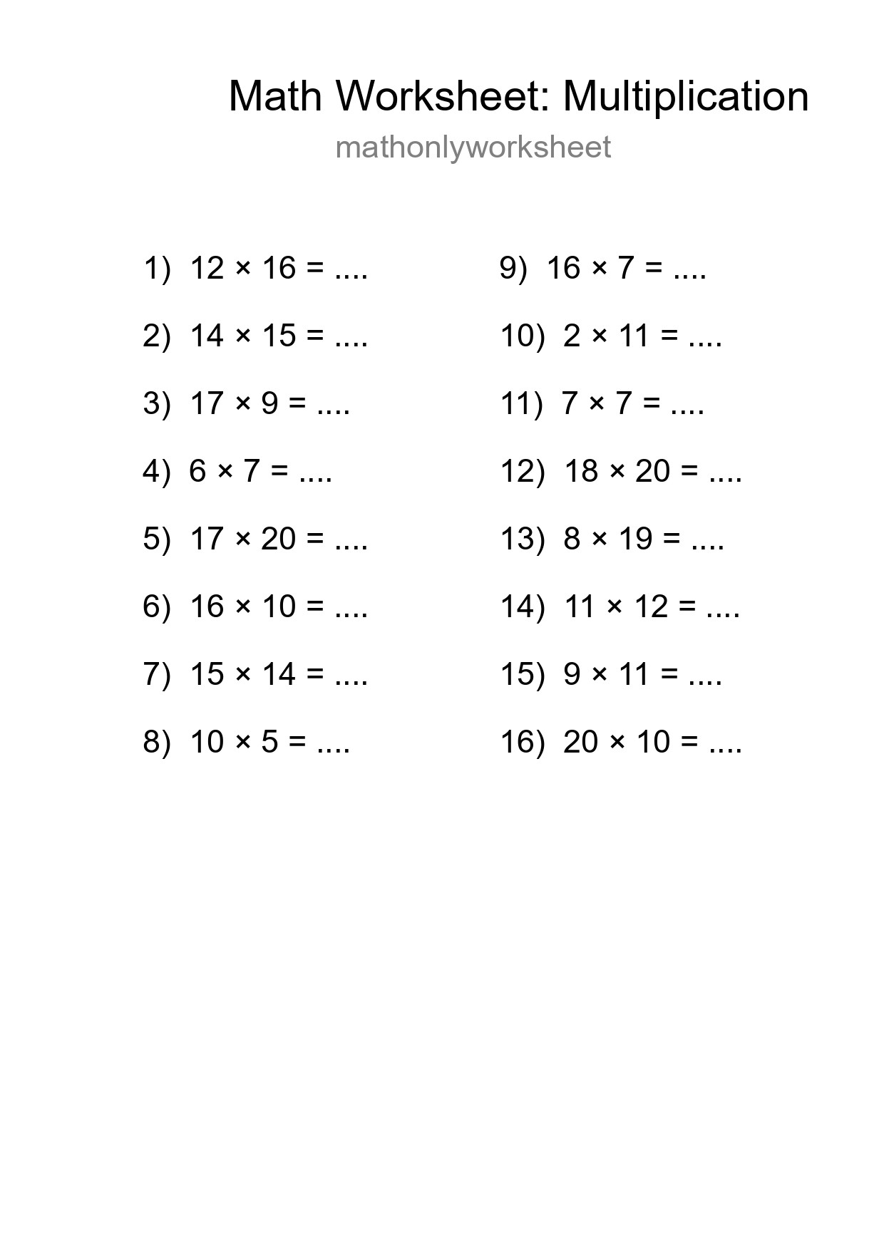 Printable Free 16 Multiplication Math Worksheet For Grade 2 - Part 104