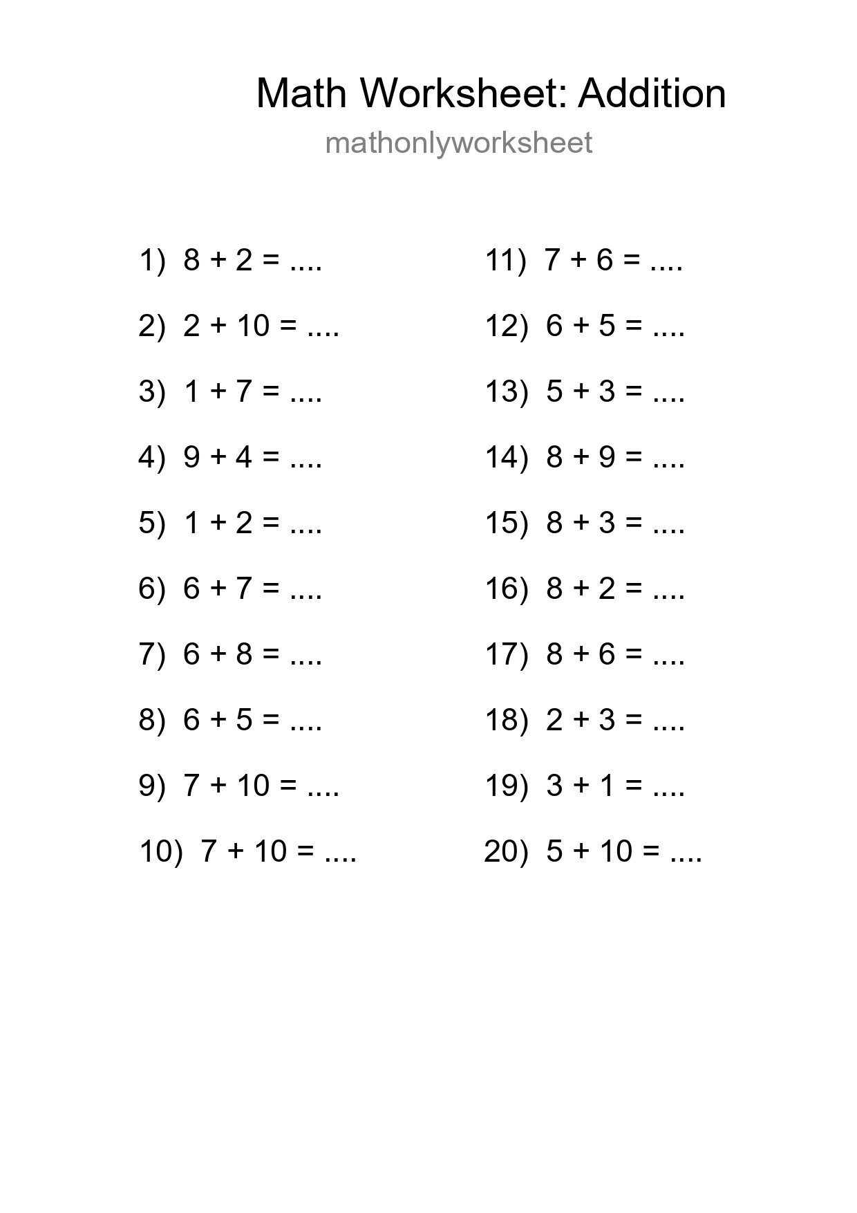 Printable Free 20 Addition Math Worksheet For Grade 1 - Part 229