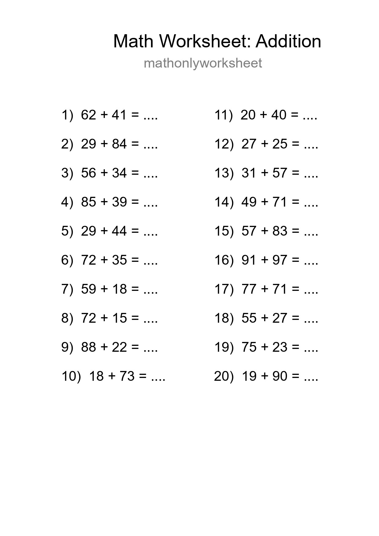 Printable Free 20 Addition Math Worksheet For Grade 3 - Part 109