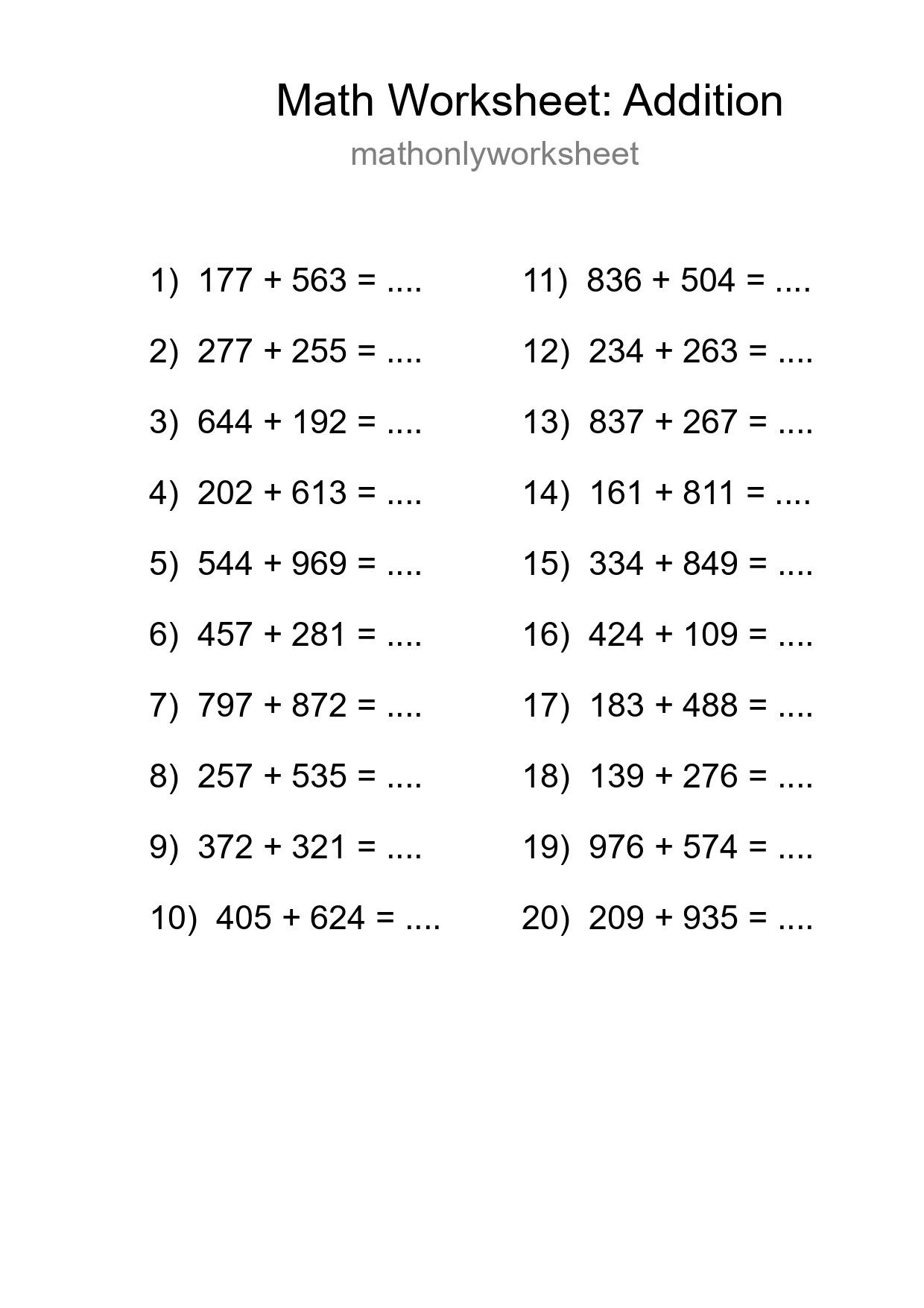 Printable Free 20 Addition Math Worksheet For Grade 5 - Part 85