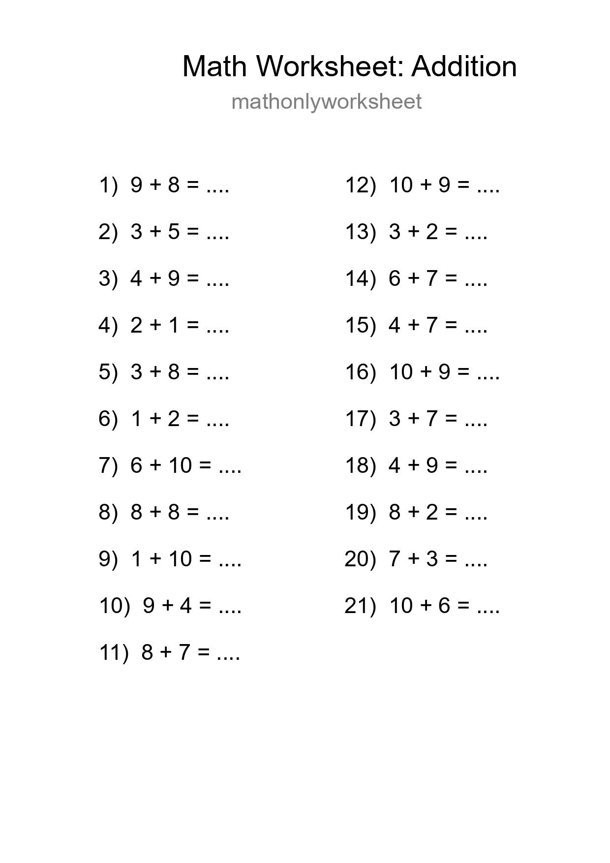 Printable Free 21 Addition Math Worksheet For Grade 1 - Part 37