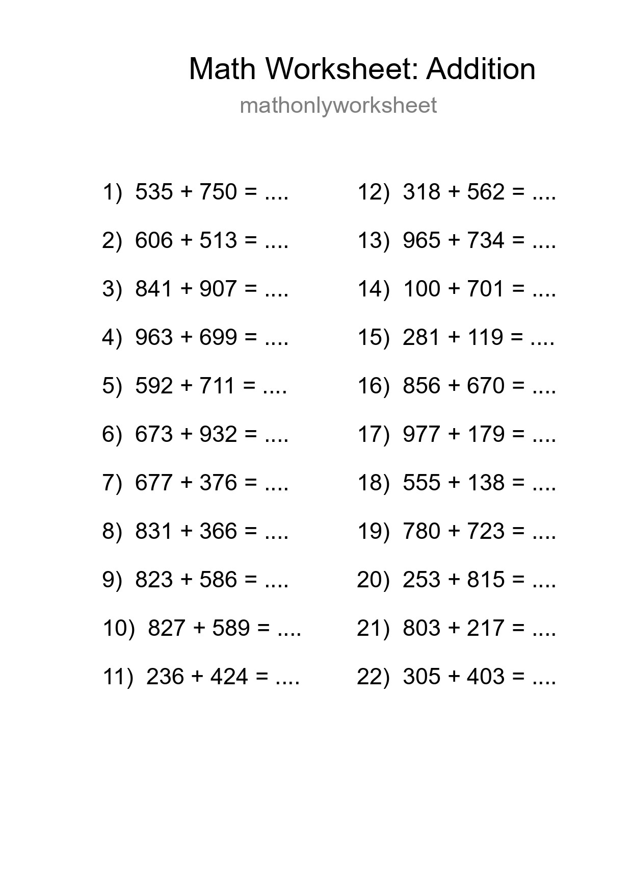 Printable Free 22 Addition Math Worksheet For Grade 5