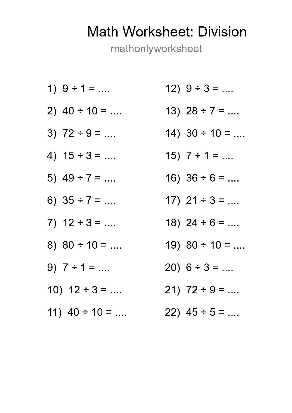 Printable Free 22 Division Math Worksheet For Grade 1 - Part 76